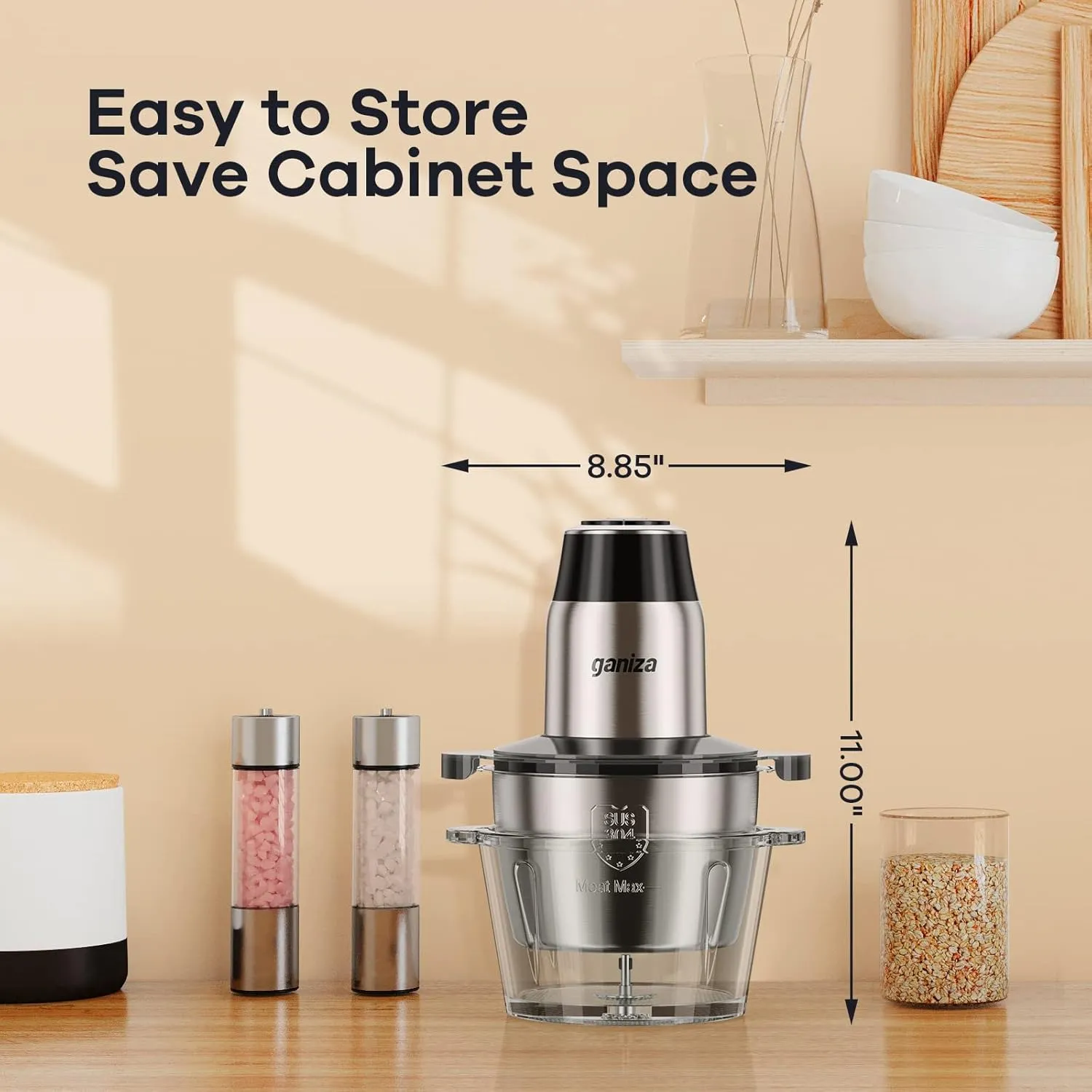 GANIZA Food Processors, Electric Food Chopper with Meat Grinder & Vegetable Chopper - 2 Bowls (8 Cup 8 Cup) with Powerful 450W Copper Motor - Includes 2 Sets of Bi-Level Blades for Fruits/Meat/Nuts
