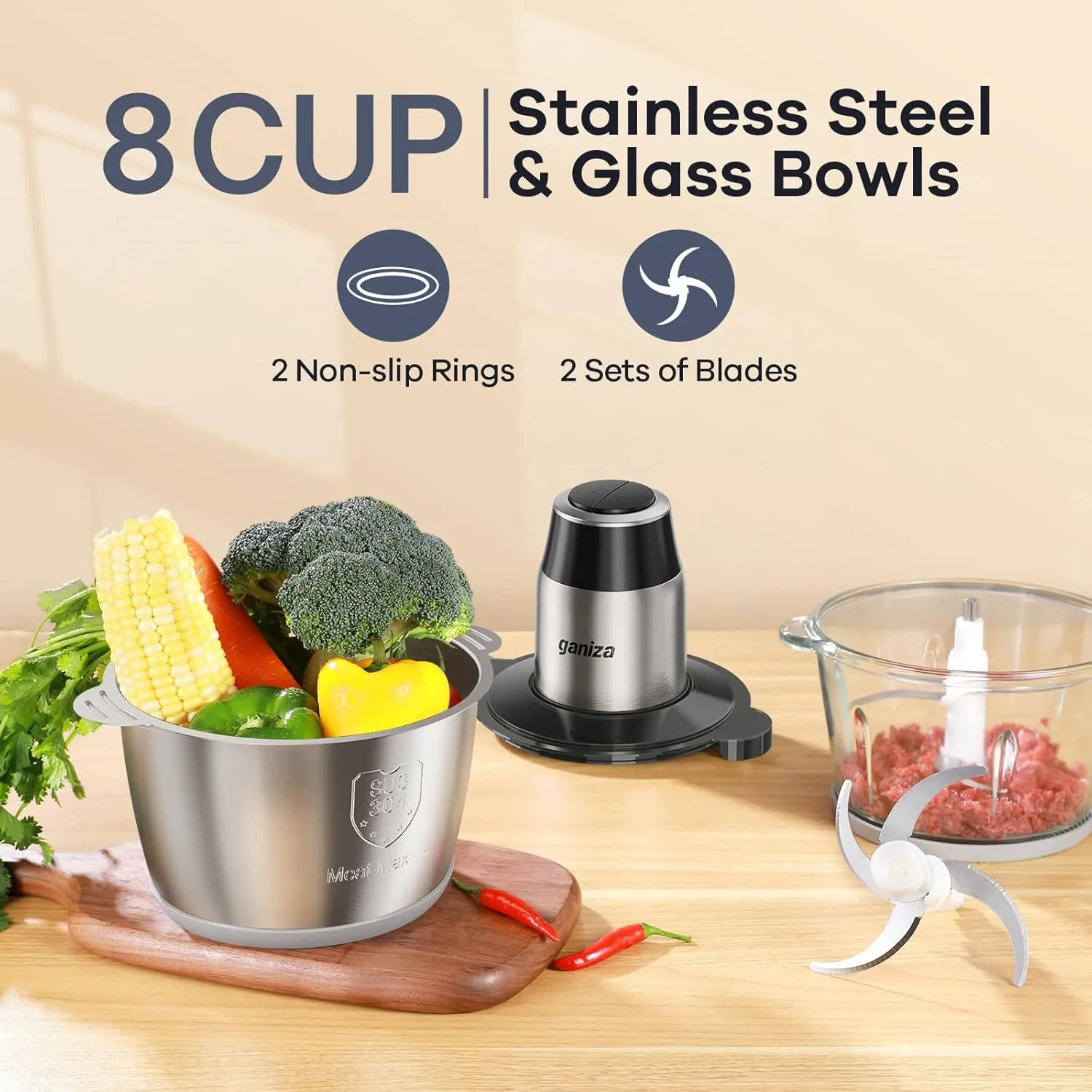 GANIZA Food Processors, Electric Food Chopper with Meat Grinder & Vegetable Chopper - 2 Bowls (8 Cup 8 Cup) with Powerful 450W Copper Motor - Includes 2 Sets of Bi-Level Blades for Fruits/Meat/Nuts