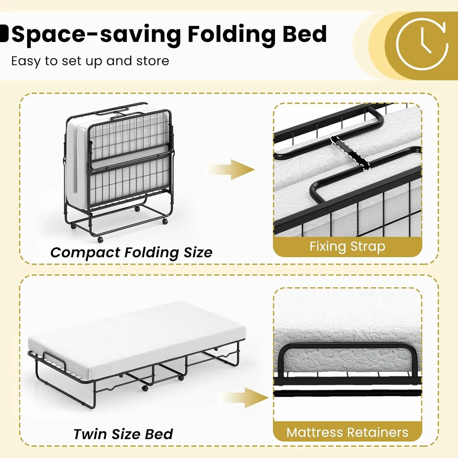 Giantex Twin Folding Bed with Mattress, Roll Away Portable Guest Bed w/Sturdy Metal Frame, Space-Saving Rollaway Bed with Memory Foam Mattress for Adults, 75" x 38"