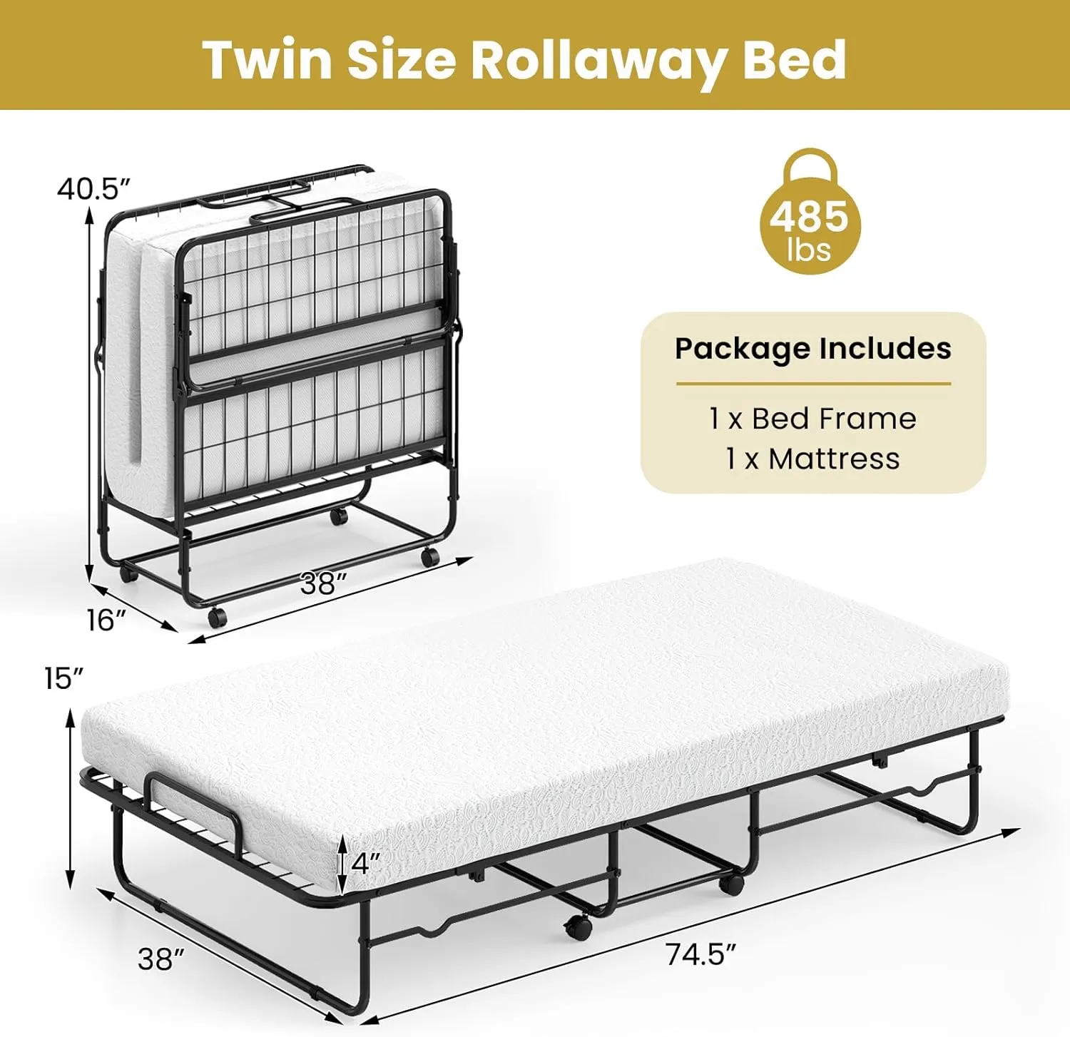 Giantex Twin Folding Bed with Mattress, Roll Away Portable Guest Bed w/Sturdy Metal Frame, Space-Saving Rollaway Bed with Memory Foam Mattress for Adults, 75" x 38"
