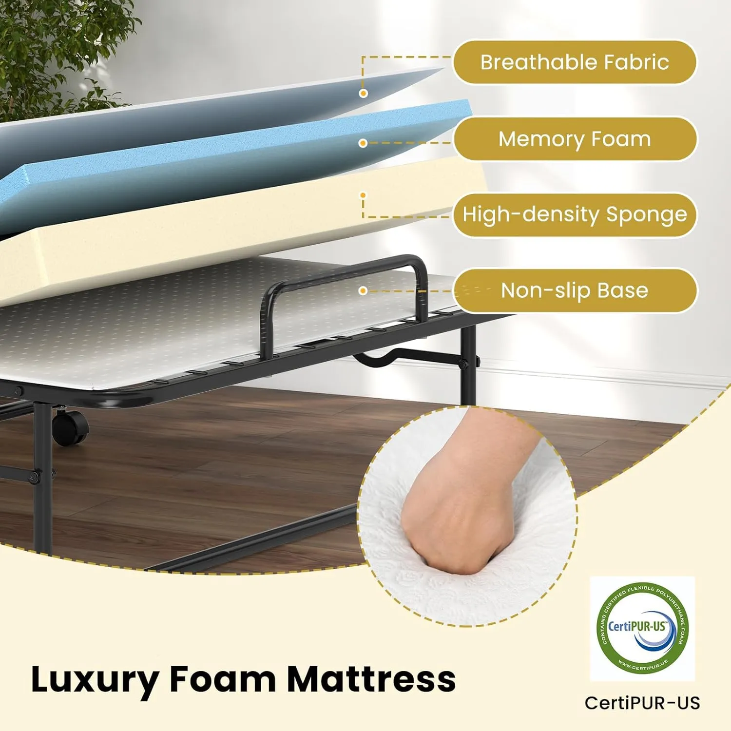 Giantex Twin Folding Bed with Mattress, Roll Away Portable Guest Bed w/Sturdy Metal Frame, Space-Saving Rollaway Bed with Memory Foam Mattress for Adults, 75" x 38"