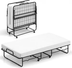 Giantex Twin Folding Bed with Mattress, Roll Away Portable Guest Bed w/Sturdy Metal Frame, Space-Saving Rollaway Bed with Memory Foam Mattress for Adults, 75" x 38"
