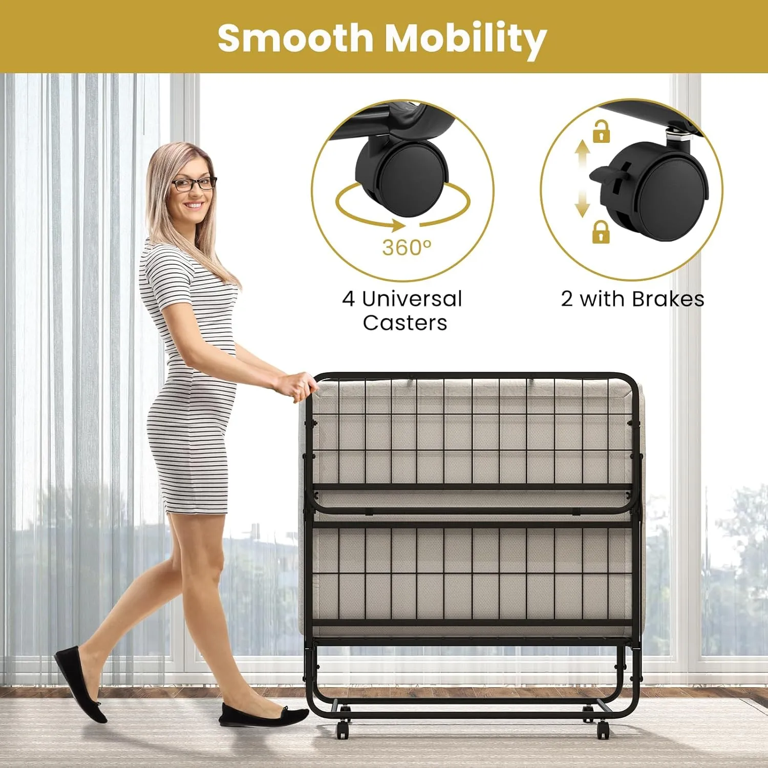 Giantex Twin Folding Bed with Mattress, Roll Away Portable Guest Bed w/Sturdy Metal Frame, Space-Saving Rollaway Bed with Memory Foam Mattress for Adults, 75" x 38"