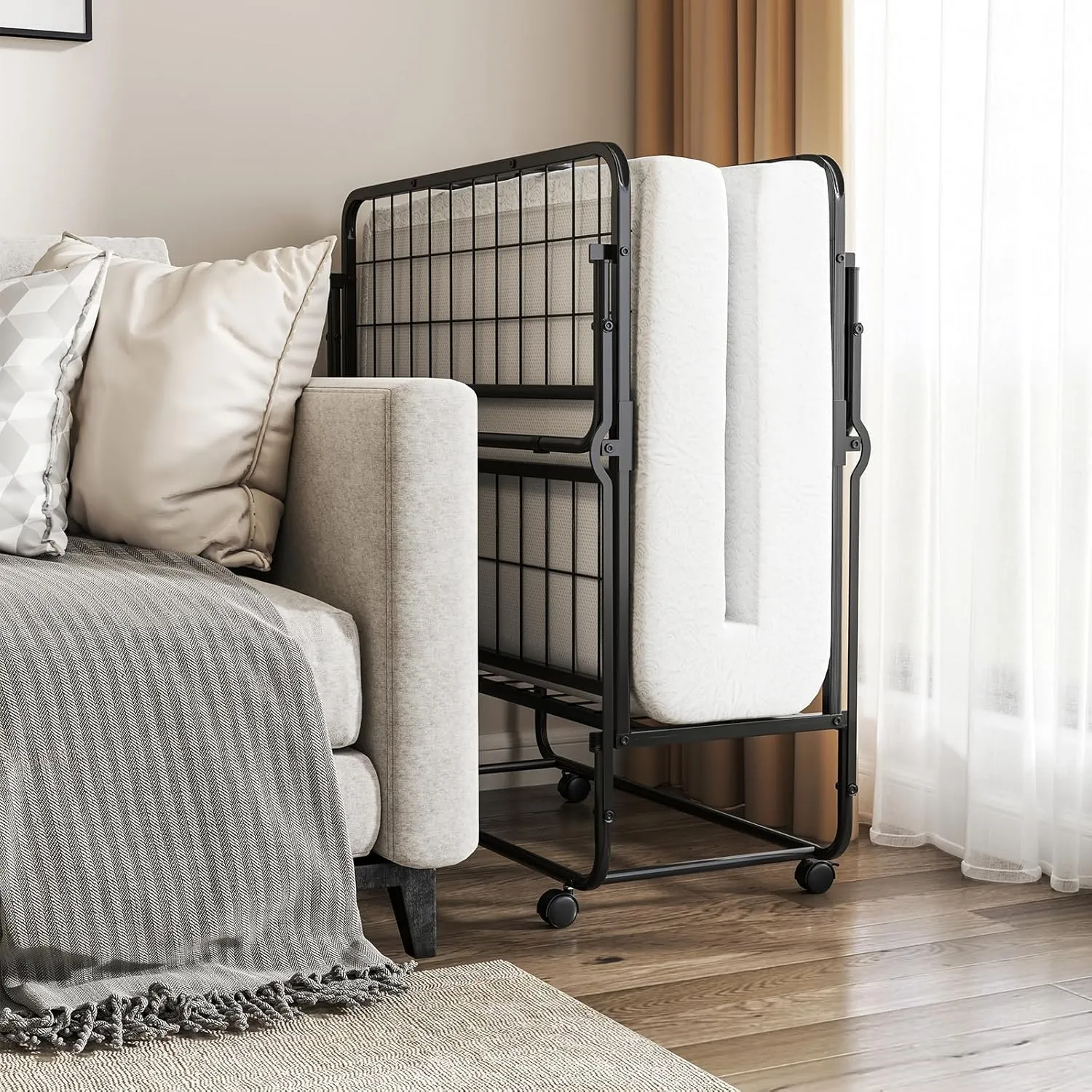 Giantex Twin Folding Bed with Mattress, Roll Away Portable Guest Bed w/Sturdy Metal Frame, Space-Saving Rollaway Bed with Memory Foam Mattress for Adults, 75" x 38"