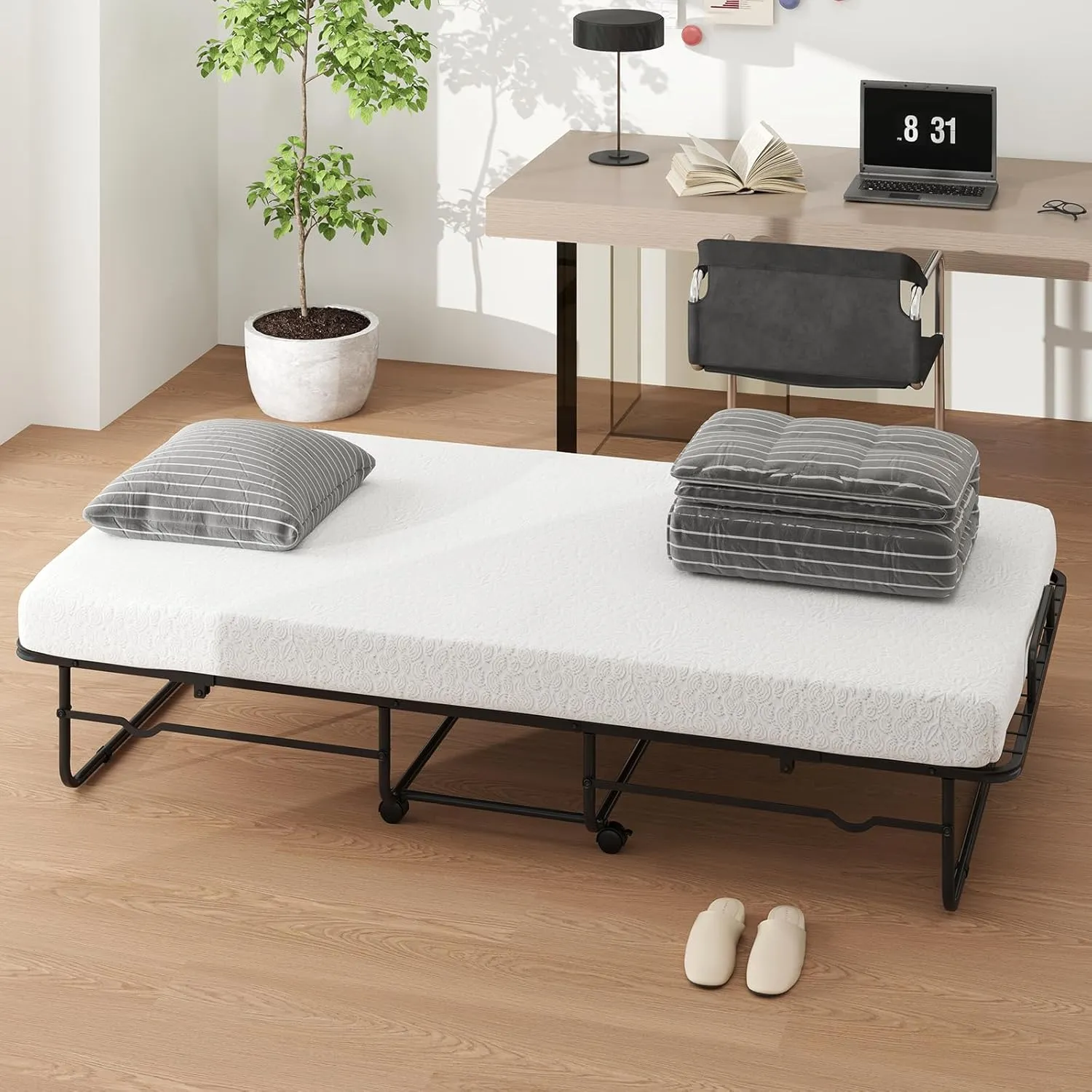 Giantex Twin Folding Bed with Mattress, Roll Away Portable Guest Bed w/Sturdy Metal Frame, Space-Saving Rollaway Bed with Memory Foam Mattress for Adults, 75" x 38"