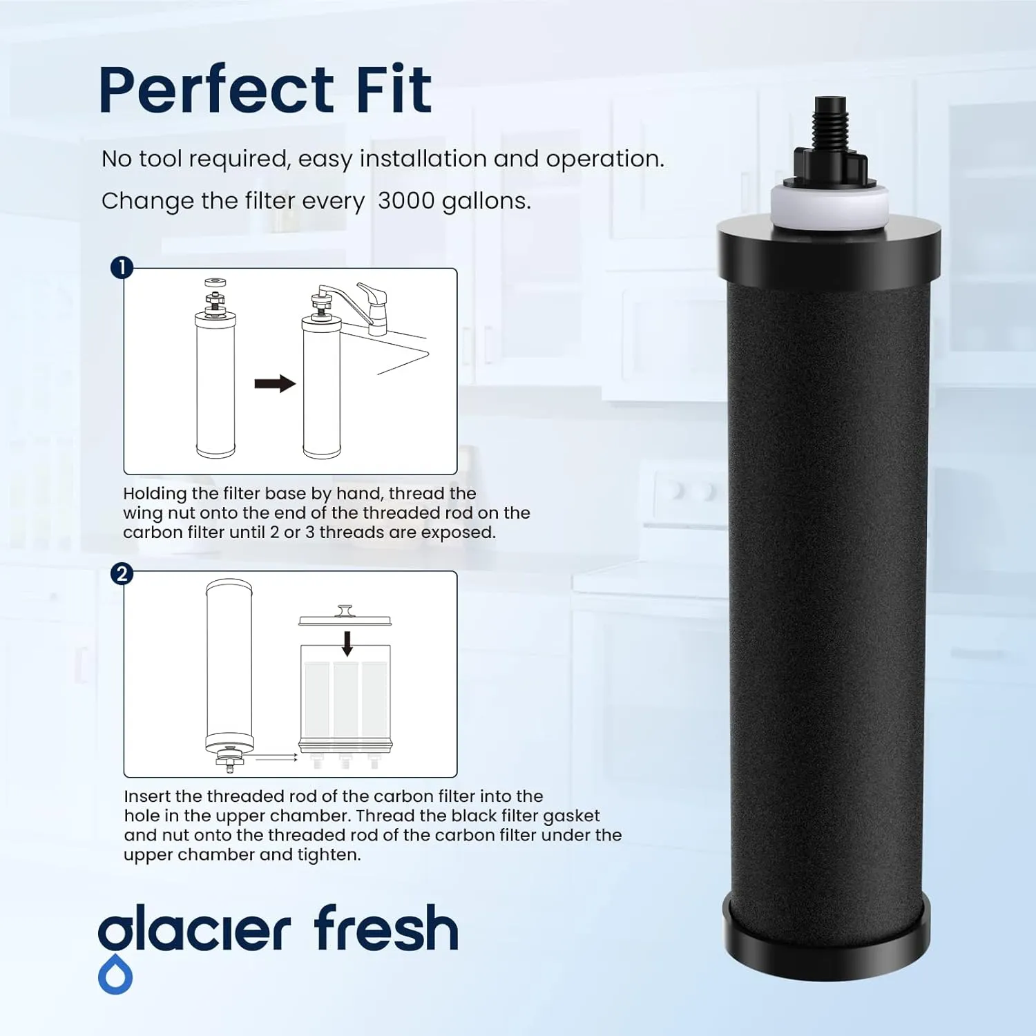 GLACIER FRESH Replacement for BB9-2 Black Purification Water Filter, Compatible with Berkey® BB9-2 Black Filters and Berkey® Gravity Water Filter System, 6 Pack