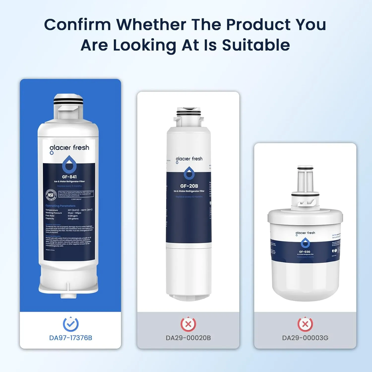 GLACIER FRESH Replacement for DA97-17376B Refrigerator Water Filters, HAF-QIN, HAF-QIN/EXP, DA97-08006C, RF23M8070SG, RF23M8070SR, RF23M8090SG, RF23M8090SR, RF23M8570SR, RF23M8590SG (2 Pack)