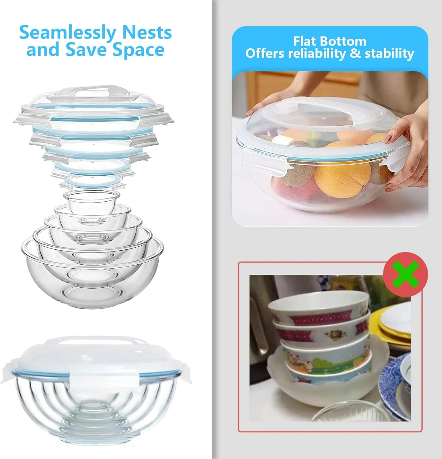 Glass Mixing Bowl with Lids Set of 5, 0.2, 0.5, 1.1, 2.1, 3.75 QT, Large Salad Bowls with BPA-Free Lids, Space-Saving Nesting Bowls for Kitchen Food Storage, Glass bowl for Cooking, Baking
