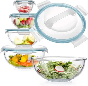 Glass Mixing Bowl with Lids Set of 5, 0.2, 0.5, 1.1, 2.1, 3.75 QT, Large Salad Bowls with BPA-Free Lids, Space-Saving Nesting Bowls for Kitchen Food Storage, Glass bowl for Cooking, Baking