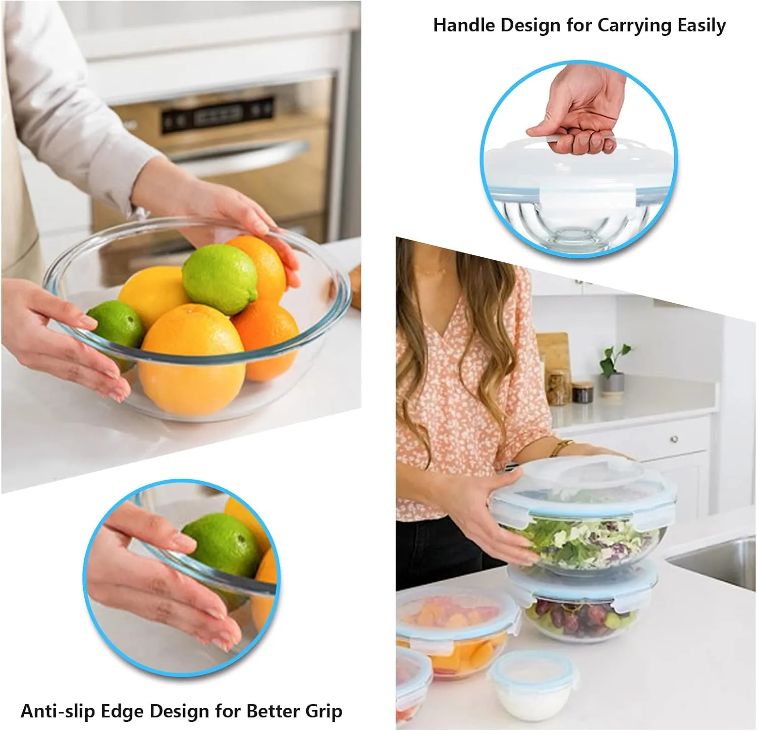 Glass Mixing Bowl with Lids Set of 5, 0.2, 0.5, 1.1, 2.1, 3.75 QT, Large Salad Bowls with BPA-Free Lids, Space-Saving Nesting Bowls for Kitchen Food Storage, Glass bowl for Cooking, Baking