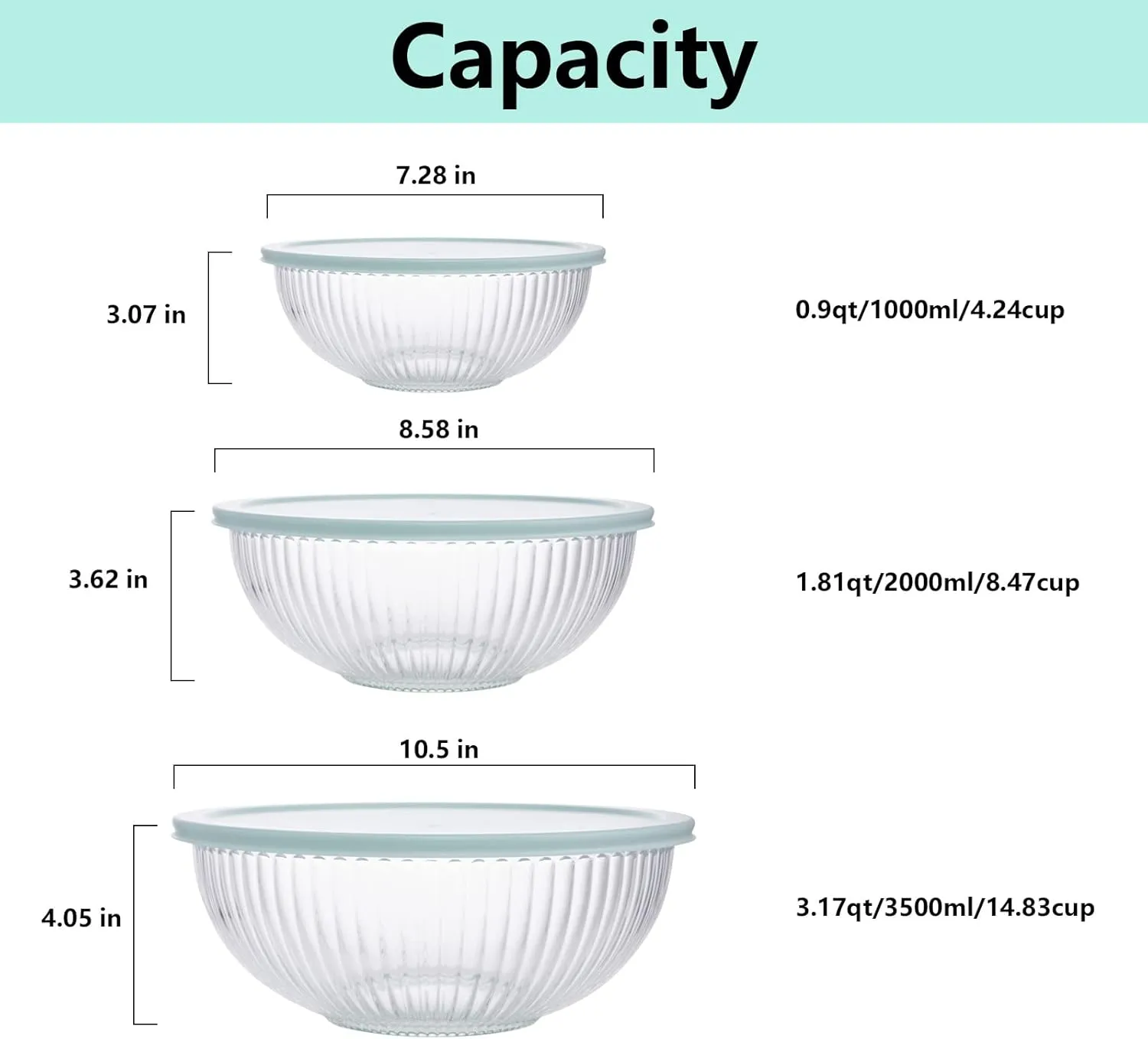 Glass Mixing Bowls with Lids Set of 3(3.7QT, 2.1QT, 1.1QT),Large Kitchen Salad Bowls, Space-Saving Nesting Bowls, Clear Glass Serving Bowls for Cooking,Baking,Prepping,Dishwasher Safe