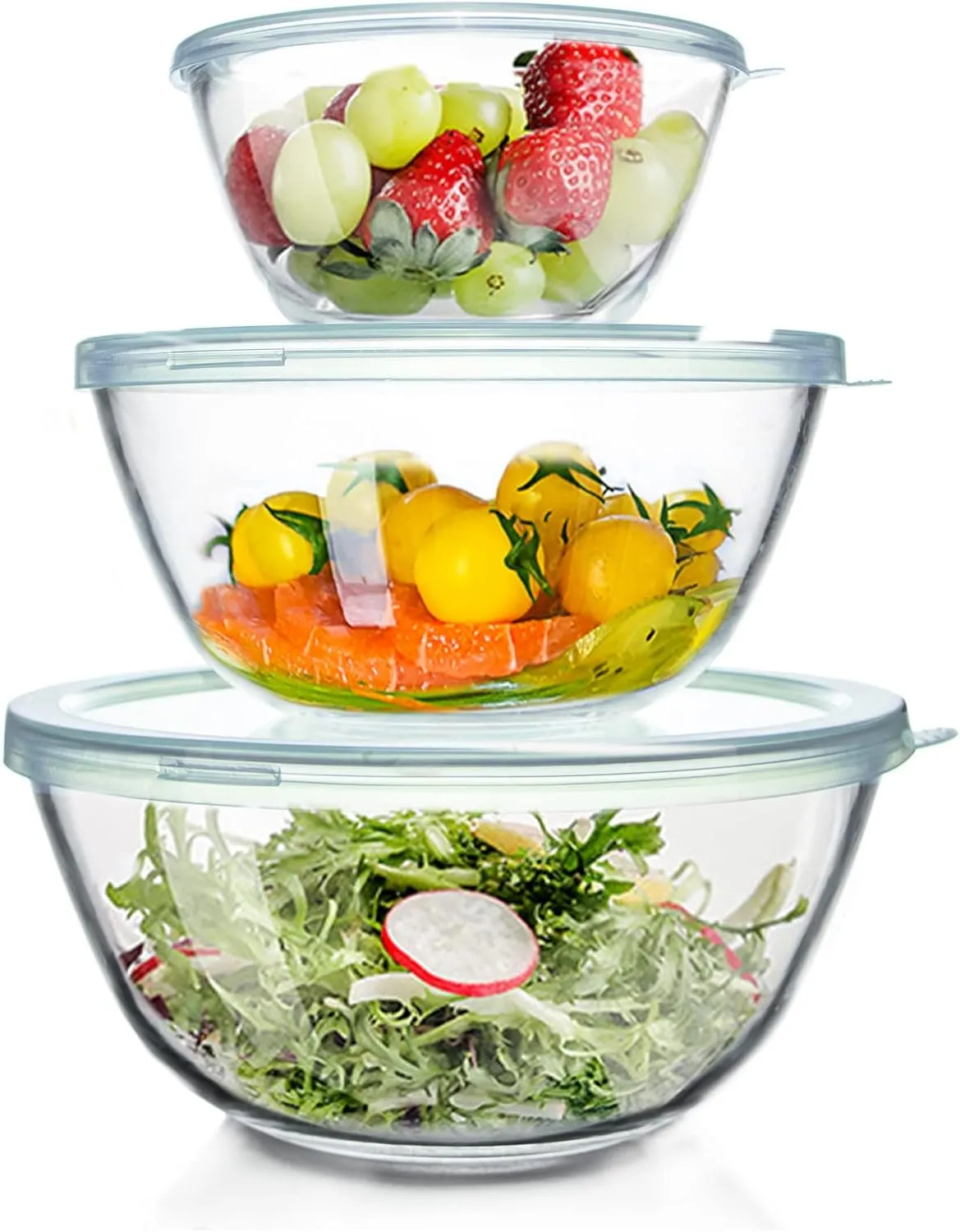 Glass Mixing Bowls with Lids Set of 3（4.5QT,2.7QT, 1.1QT, Large Kitchen Salad Bowls, Space-Saving Nesting Bowls, Round Glass Serving Bowls for Cooking,Baking,Prepping,Dishwasher Safe