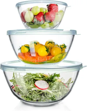 Glass Mixing Bowls with Lids Set of 3（4.5QT,2.7QT, 1.1QT, Large Kitchen Salad Bowls, Space-Saving Nesting Bowls, Round Glass Serving Bowls for Cooking,Baking,Prepping,Dishwasher Safe