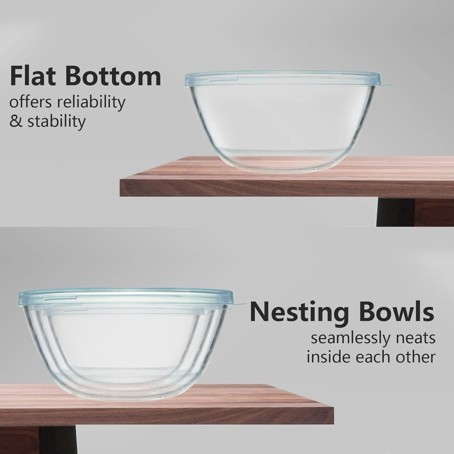 Glass Mixing Bowls with Lids Set of 3（4.5QT,2.7QT, 1.1QT, Large Kitchen Salad Bowls, Space-Saving Nesting Bowls, Round Glass Serving Bowls for Cooking,Baking,Prepping,Dishwasher Safe