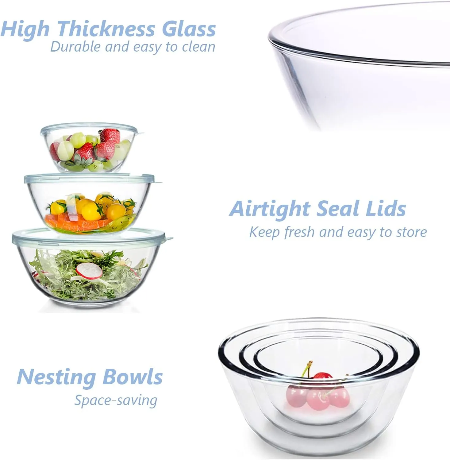 Glass Mixing Bowls with Lids Set of 3（4.5QT,2.7QT, 1.1QT, Large Kitchen Salad Bowls, Space-Saving Nesting Bowls, Round Glass Serving Bowls for Cooking,Baking,Prepping,Dishwasher Safe