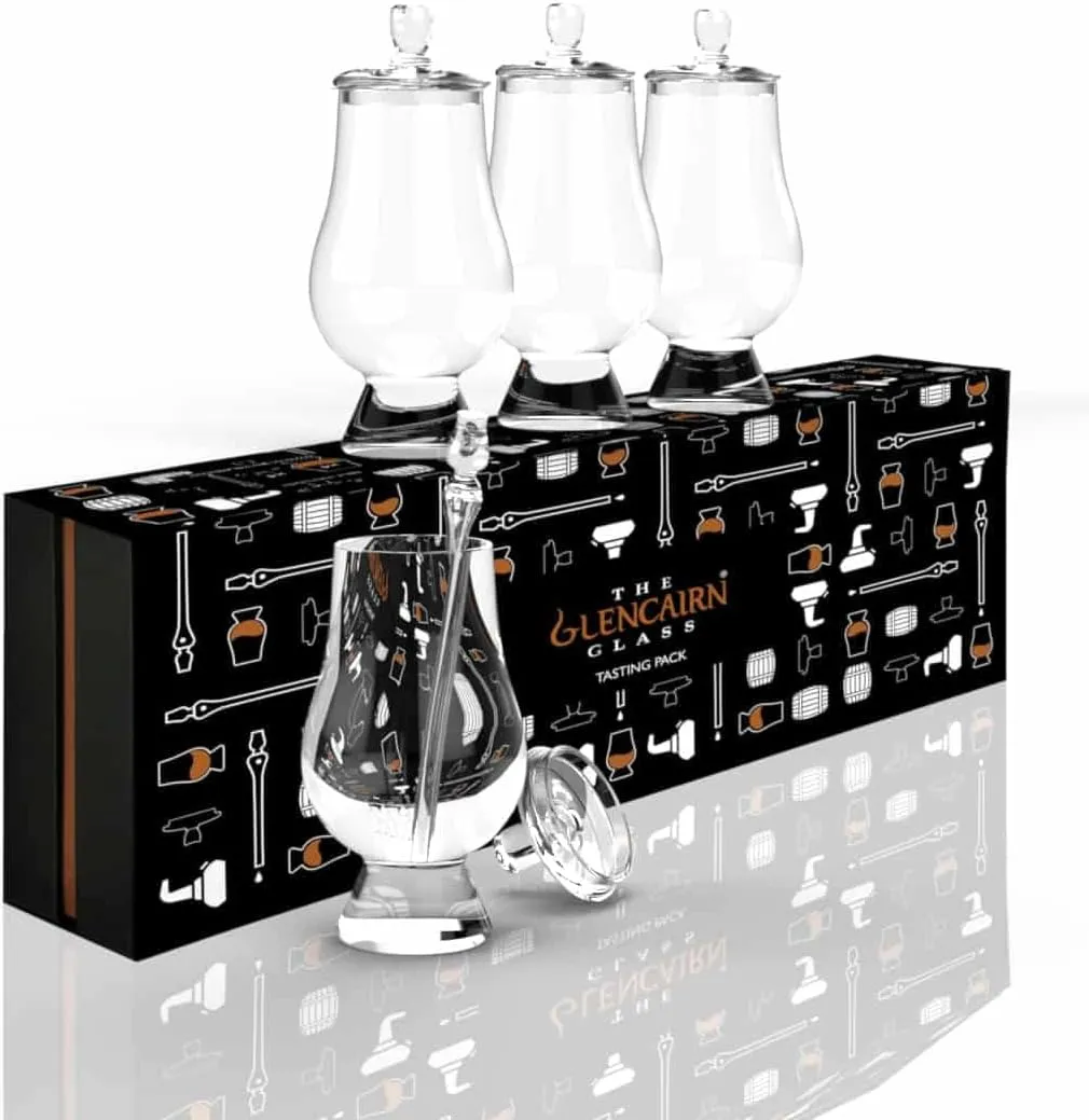 GLENCAIRN Whisky Glass Set - 9pc Tasting Pack Includes Whiskey Glasses Set of 4 and Tasting Caps Pipette in Gift Set for Scotch Whiskey and Bourbon Enthusiasts