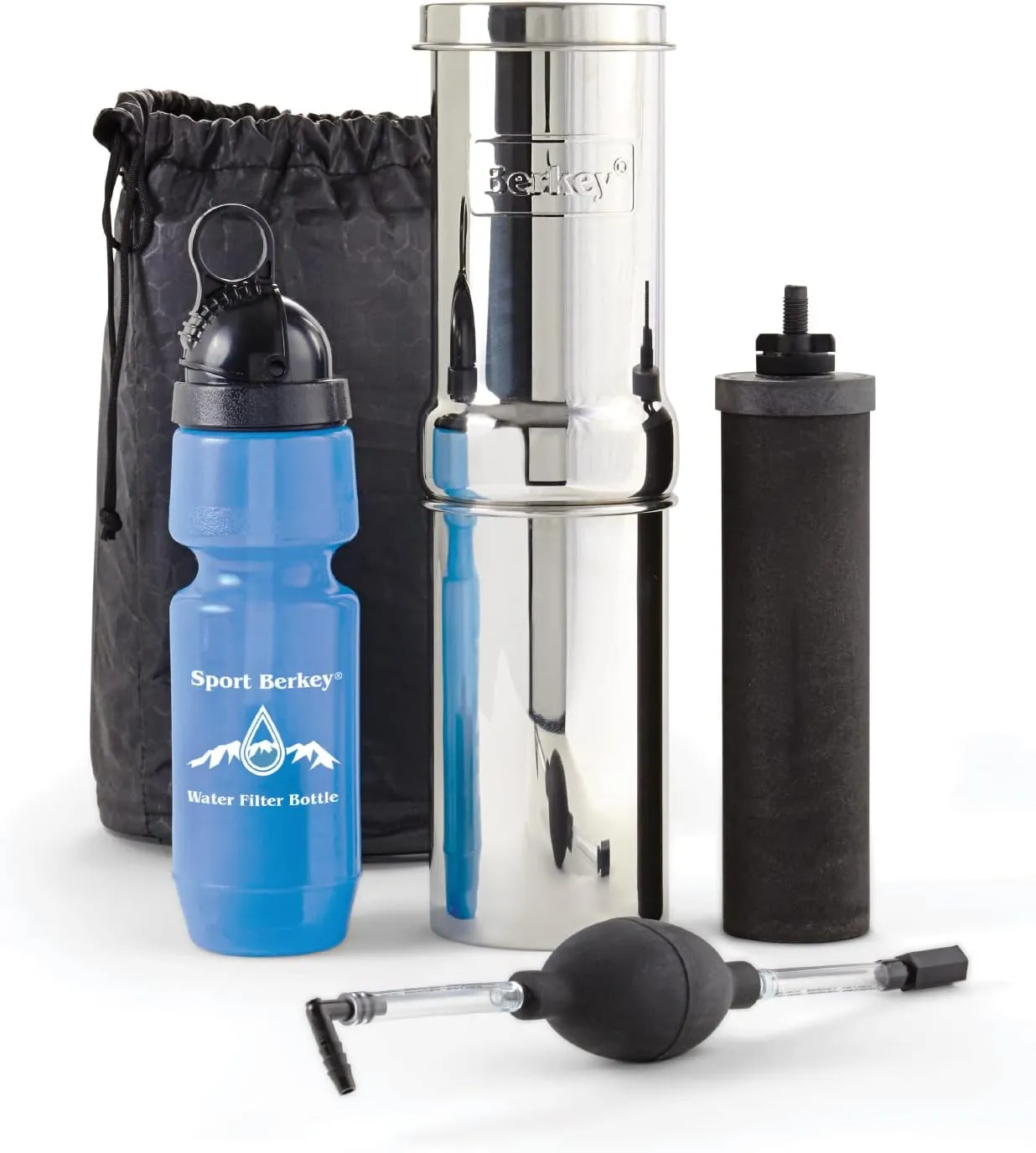 Go Berkey Water Filter Kit with 1 Qt. Berkey Gravity Fed Water Filter System, Sport Berkey Bottle and Black Berkey Primer