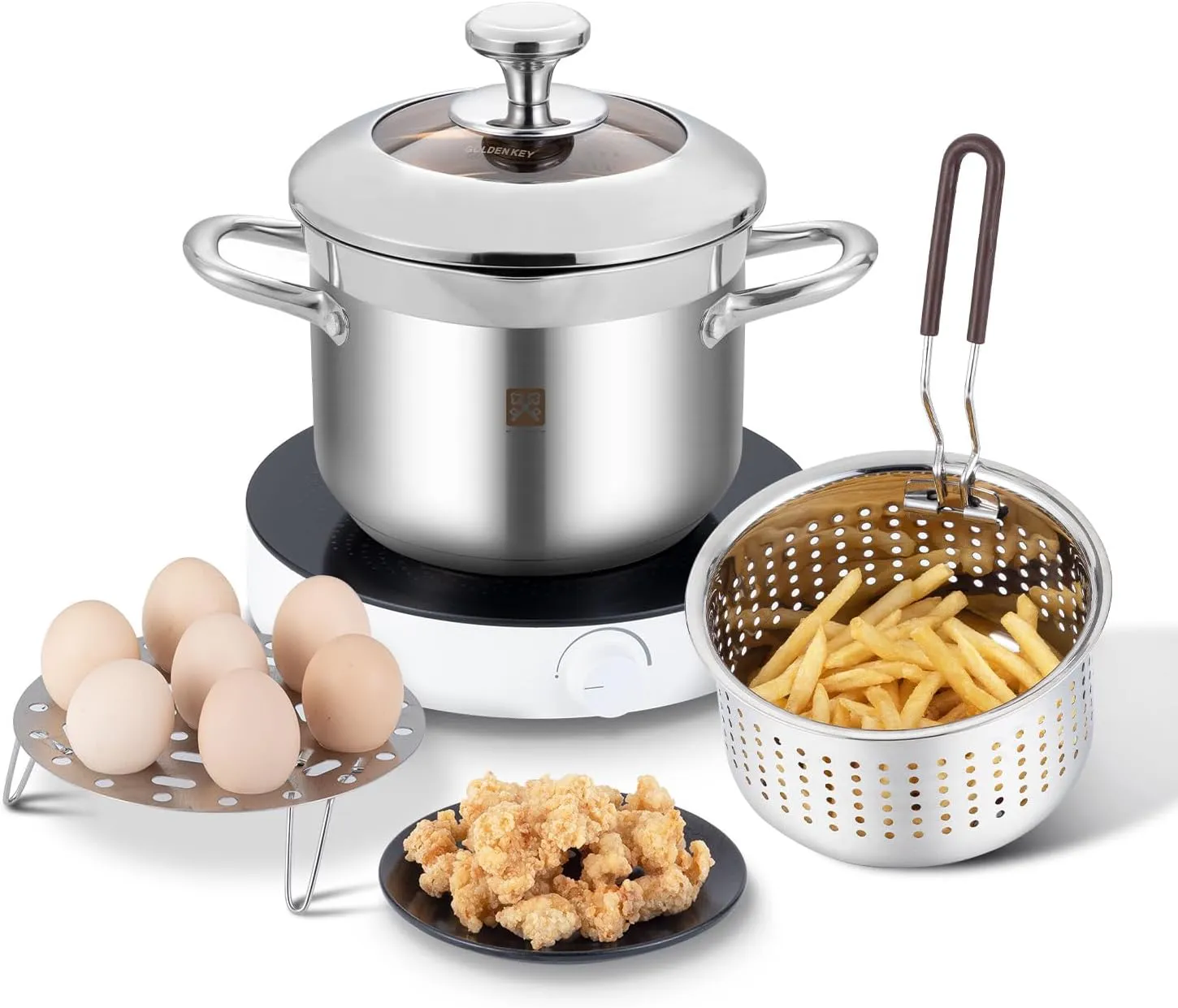 GOLDEN KEY Deep Fryer Pot with Basket and Lid 4.0L/4.2QT 304 Stainless Steel Standard Capacity Multi-function Cooking Pot with Strainer Basket for Kitchen Camping