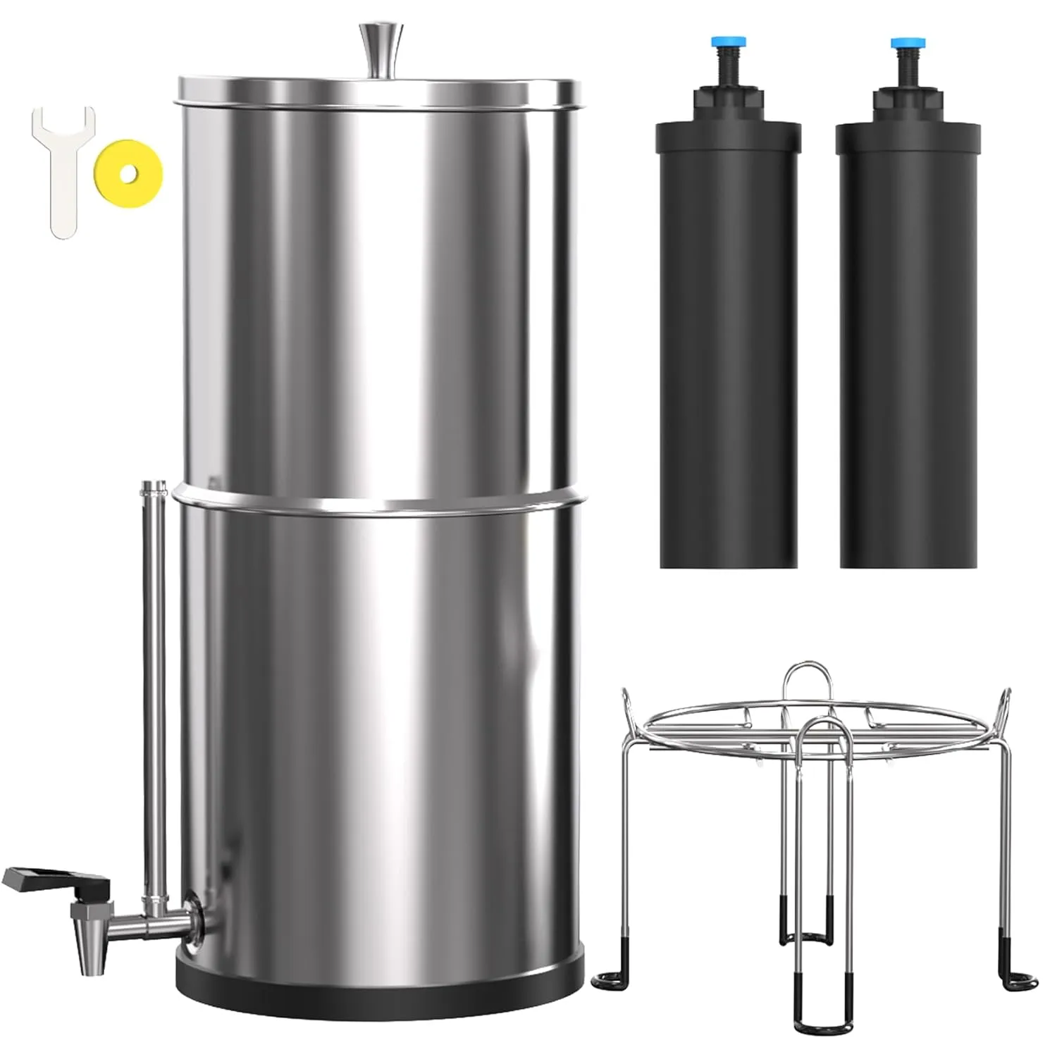Gravity-Fed Water Filter System, Cobectal 2.25G Countertop System with Black Elements 304 Stainless Steel Gravity Water Filter with Water Level Window, Anti-Slip Removable Stand & Water Spigot