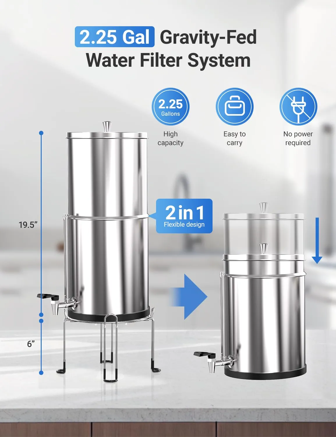Gravity-Fed Water Filter System, Cobectal 2.25G Countertop System with Black Elements 304 Stainless Steel Gravity Water Filter with Water Level Window, Anti-Slip Removable Stand & Water Spigot