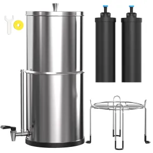 Gravity-Fed Water Filter System, Cobectal 2.25G Countertop System with Black Elements 304 Stainless Steel Gravity Water Filter with Water Level Window, Anti-Slip Removable Stand & Water Spigot