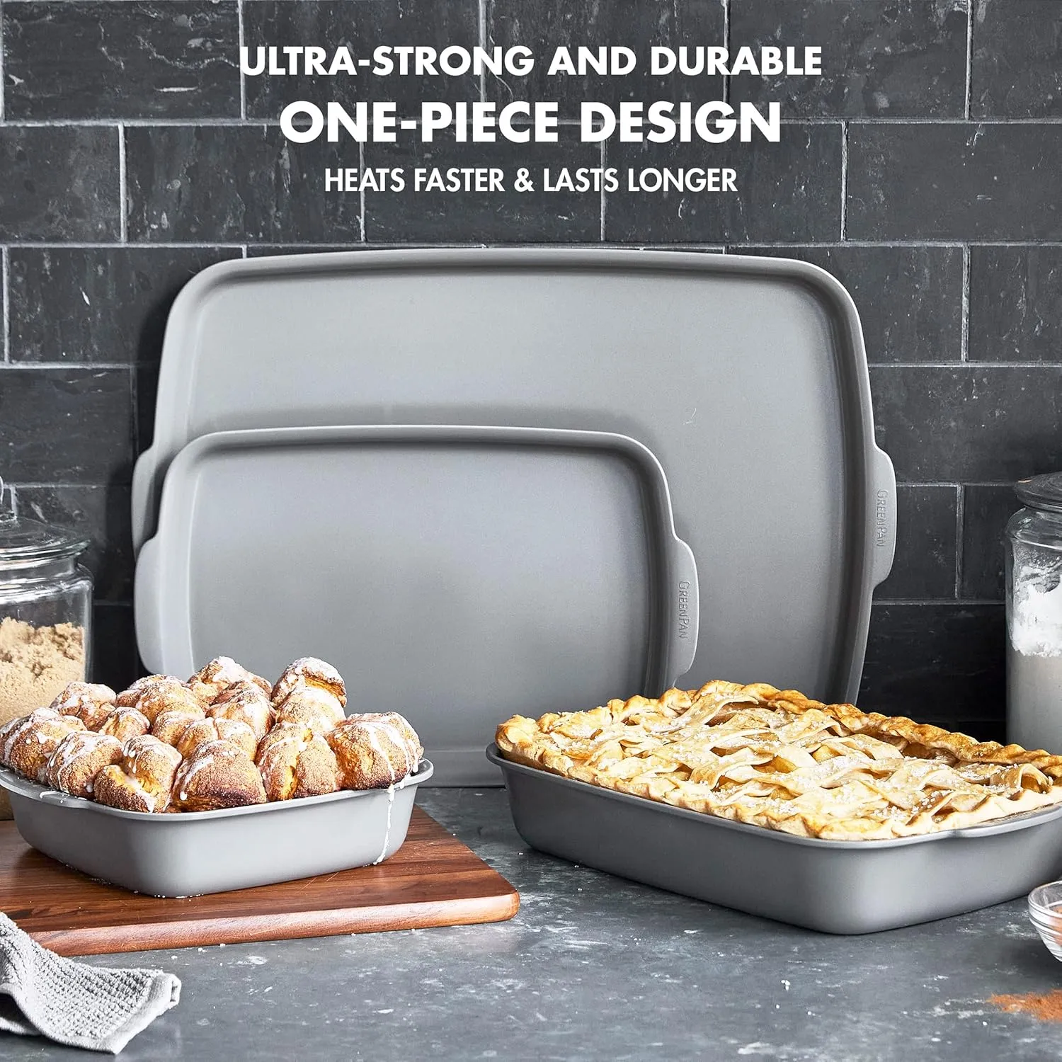 GreenPan Premiere Ovenware Healthy Ceramic Nonstick 4 Piece Bakeware Set, PFOA and PFAS-Free, Rectangular, Square, Quarter, Half Sheet Baking Pans, Warp-Free, Oven Safe to 600F, Dishwasher Safe, Gray