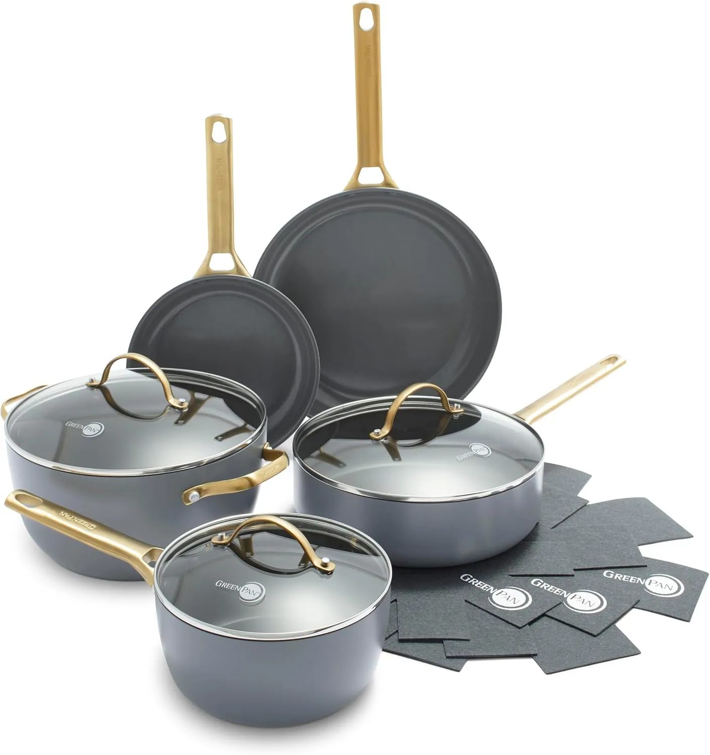 GreenPan Reserve Hard Anodized Healthy Ceramic Nonstick 8" 10" and 12" 3 Piece Frying Pan Skillet Set, Gold Handle, Induction, PFAS-Free, Dishwasher Safe, Oven Safe, Twilight Blue