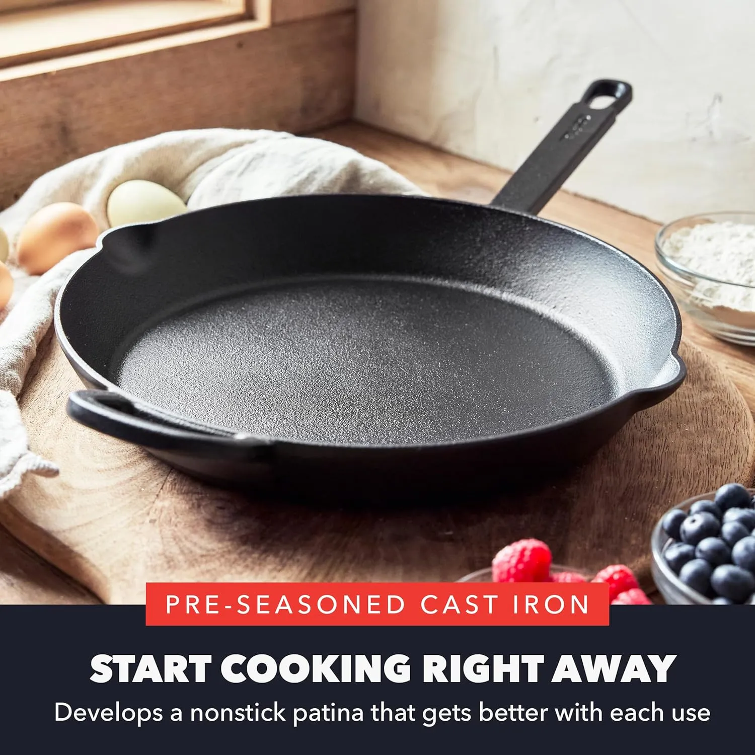 GreenPan x Bobby Flay 12” Cast Iron Pre-Seasoned Skillet with Helper Handle, Professional Grade Heavy Duty, Induction Suitable, Versatile Stovetop, Oven, BBQ, Fire & Grill, Indoor/Outdoor Use, Black
