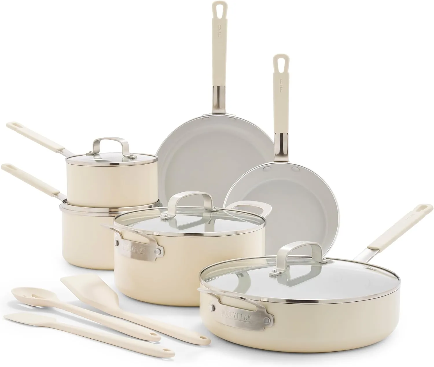 GreenPan x Bobby Flay 13 Piece Cookware Pots and Pans Set, Professional Grade Aluminum, PFAS & PFOA-Free Ceramic Nonstick, Induction Suitable, Stay-Cool Silicone Handle, Dishwasher & Oven Safe, Cream