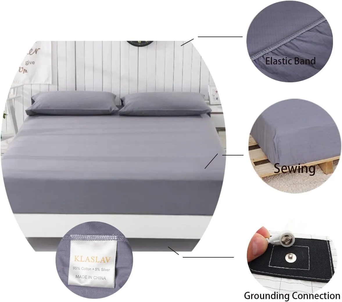 Grounding Fitted Sheet Kit King Size, Grounding Sheets with Deep Pocket, Organic Cotton 5% Silver Fiber, Conductivity Bed Cover for Sleeping, Earth Connected Bedding,Grey