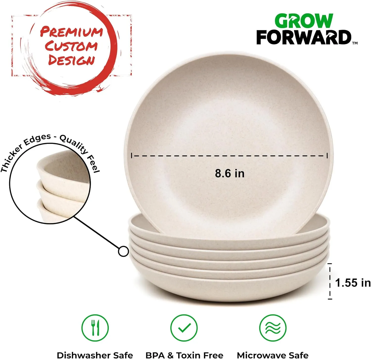 Grow Forward Premium Wheat Straw Pasta Bowls - 30oz Unbreakable Wide & Shallow Dinner Plate Bowls Set of 6 - Microwave Safe Reusable Plastic Pasta Bowls for Kids, Adults, Salad, Camping, RV - Sahara