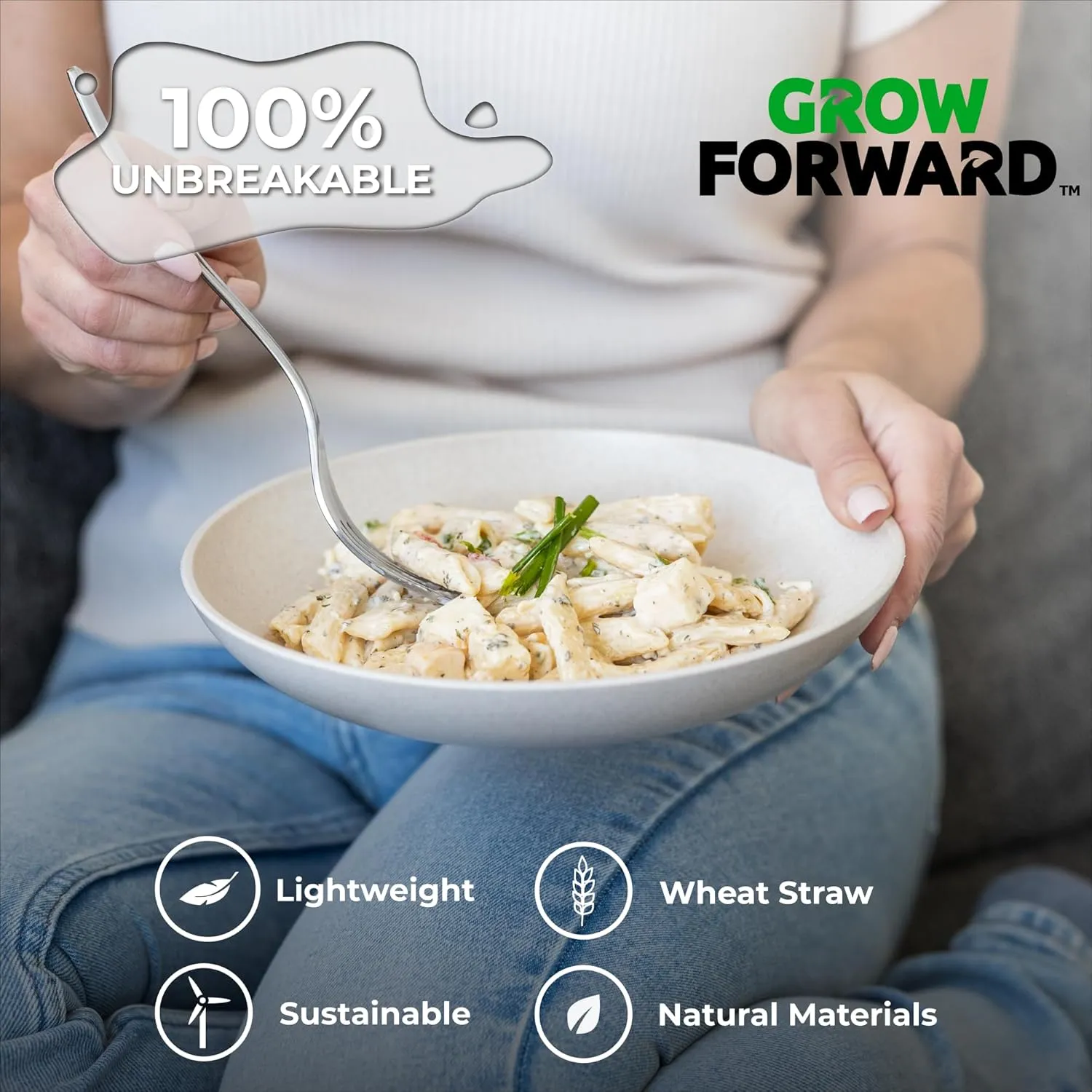 Grow Forward Premium Wheat Straw Pasta Bowls - 30oz Unbreakable Wide & Shallow Dinner Plate Bowls Set of 6 - Microwave Safe Reusable Plastic Pasta Bowls for Kids, Adults, Salad, Camping, RV - Sahara