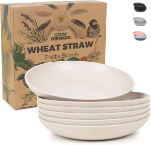 Grow Forward Premium Wheat Straw Pasta Bowls - 30oz Unbreakable Wide & Shallow Dinner Plate Bowls Set of 6 - Microwave Safe Reusable Plastic Pasta Bowls for Kids, Adults, Salad, Camping, RV - Sahara