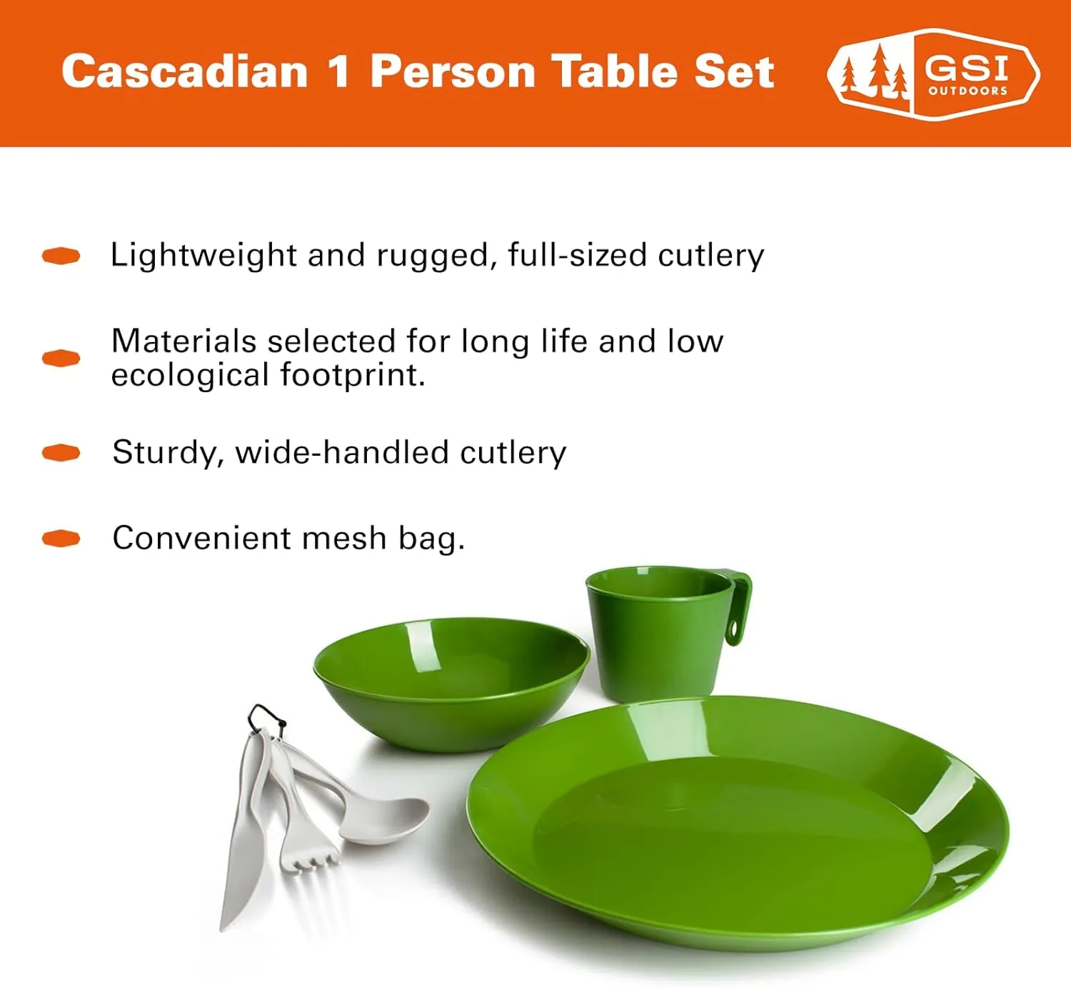 GSI Outdoors Cascadian 1 Person Table Set I 6-Piece Camping, Backpacking Mess Kit, Plastic BPA Free, Plate, Bowl, Mug, Cup & Cutlery Set