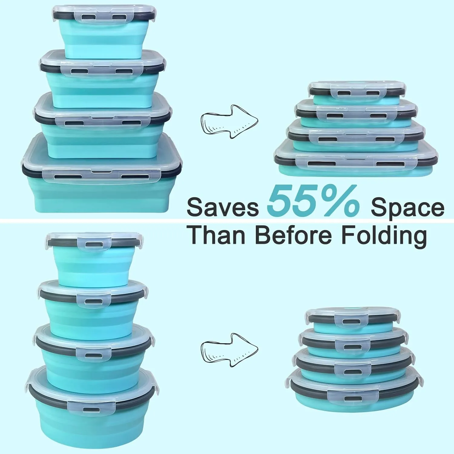 Guyuyii 8-Pack Collapsible Food Storage Containers with Airtight Leakproof Lids – Microwave, Freezer, Dishwasher Safe – Space-Saving Silicone Bowls for RV, Travel, Camping, Meal Prep and Home Kitchen