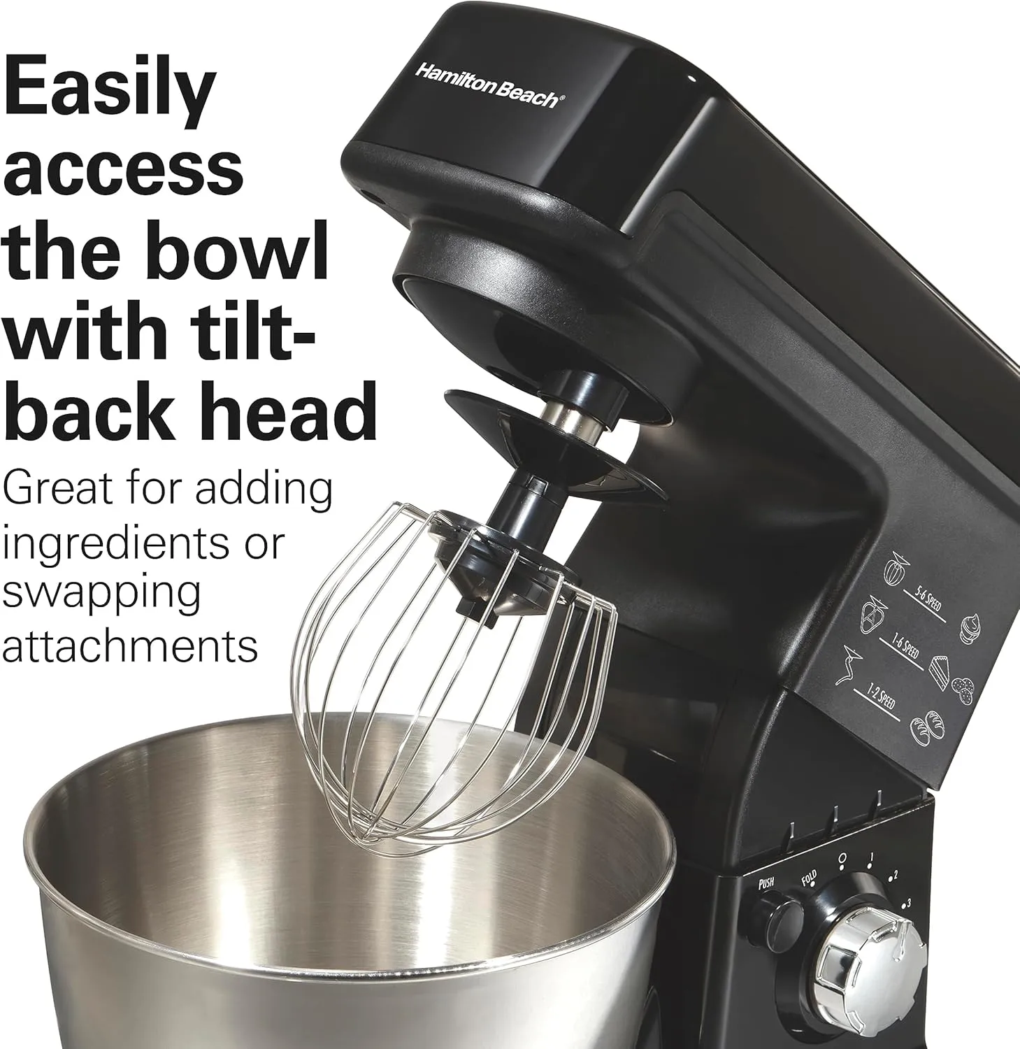Hamilton Beach 6 Speed Electric Stand Mixer with Stainless Steel 3.5 Quart Bowl, Planetary Mixing, Tilt-Up Head, 300W Motor, Black (63325)