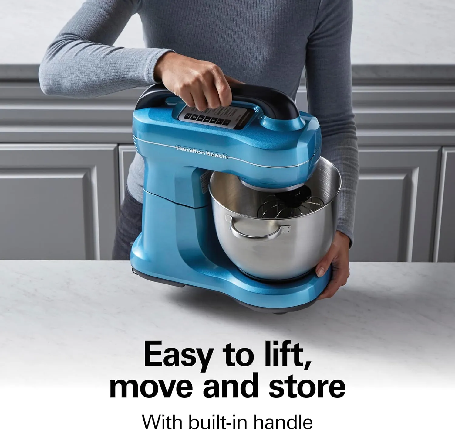 Hamilton Beach Electric Stand Mixer, 4 Quarts, Dough Hook, Flat Beater Attachments, Splash Guard 7 Speeds with Whisk, Blue