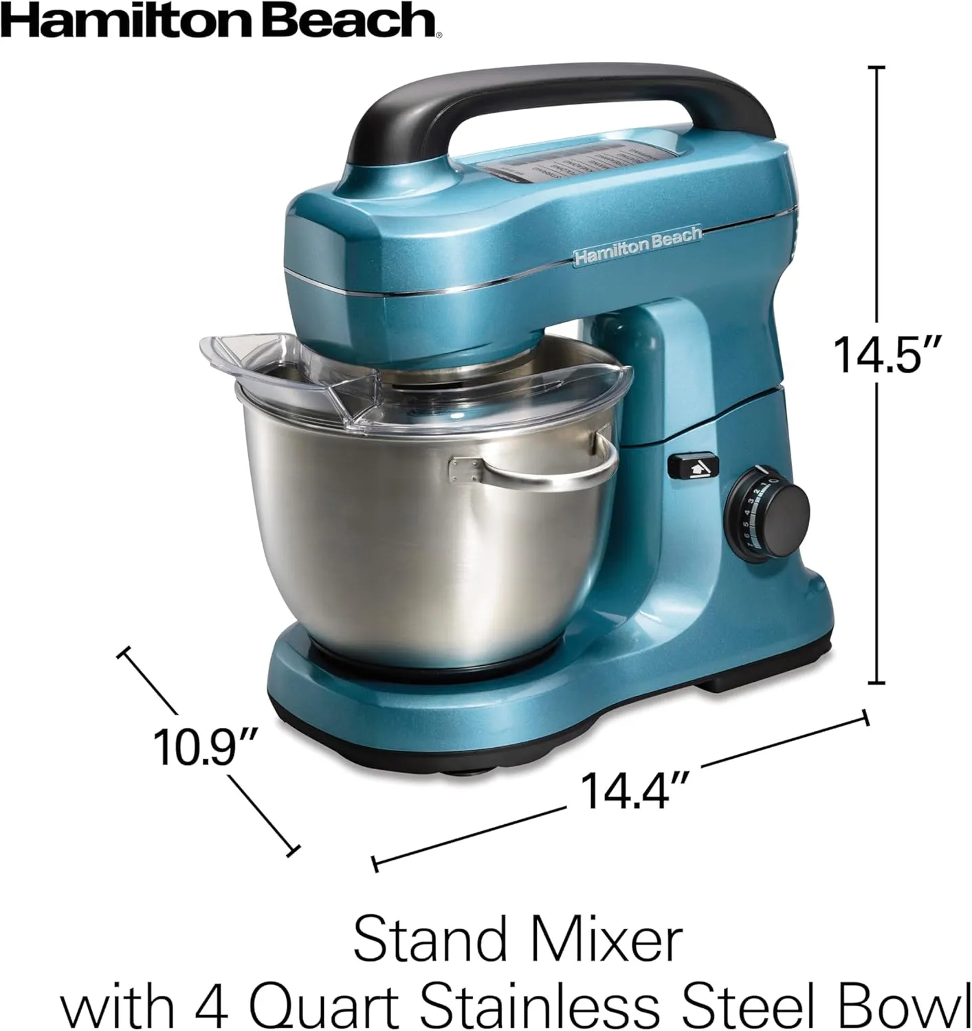 Hamilton Beach Electric Stand Mixer, 4 Quarts, Dough Hook, Flat Beater Attachments, Splash Guard 7 Speeds with Whisk, Blue
