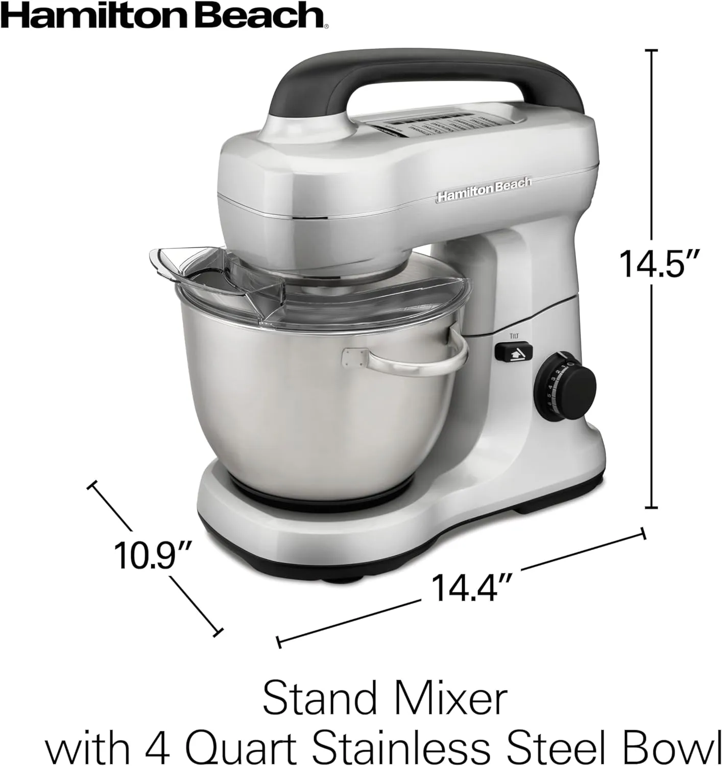 Hamilton Beach Electric Stand Mixer, 4 Quarts, Dough Hook, Flat Beater Attachments, Splash Guard 7 Speeds with Whisk, Silver