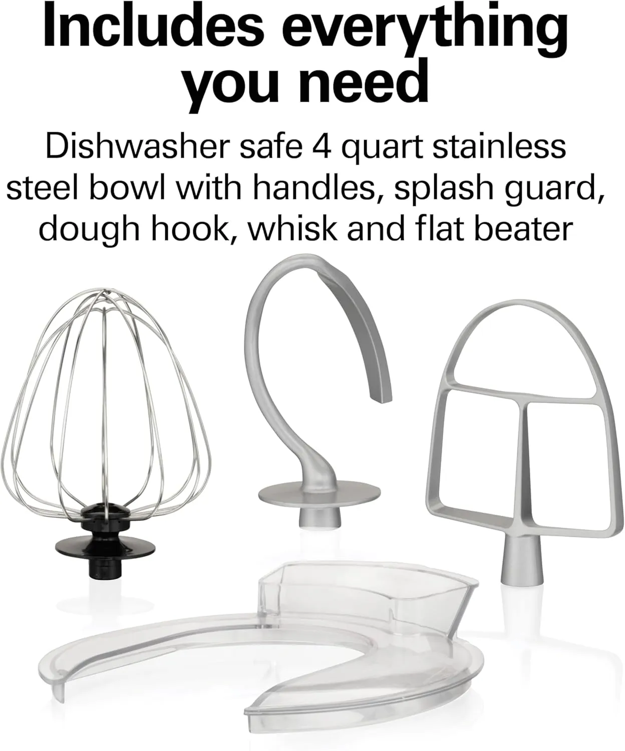 Hamilton Beach Electric Stand Mixer, 4 Quarts, Dough Hook, Flat Beater Attachments, Splash Guard 7 Speeds with Whisk, Silver