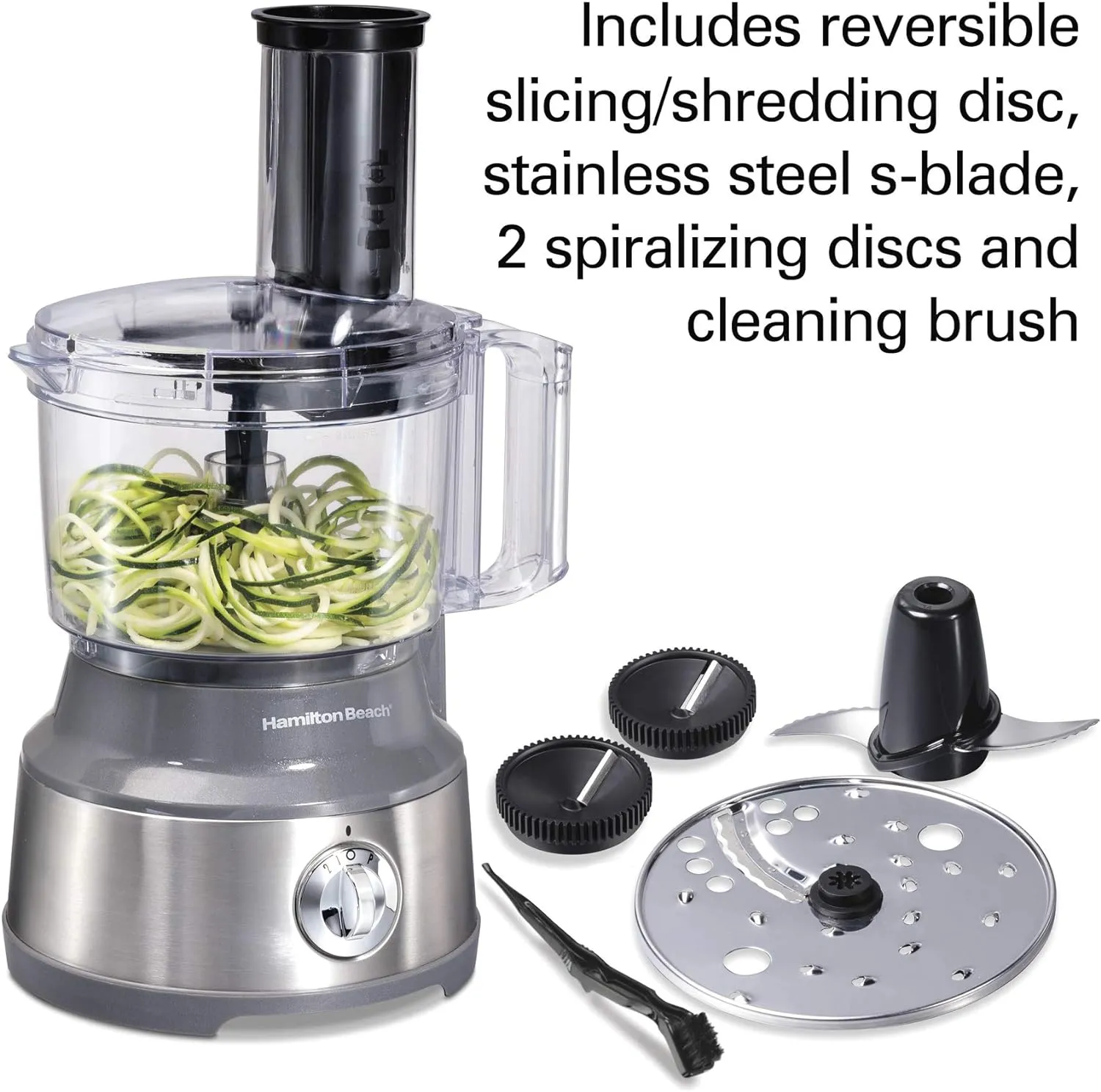 Hamilton Beach Food Processor & Vegetable Chopper for Slicing, Shredding, Mincing, and Puree, 10 Cups   Veggie Spiralizer makes Zoodles and Ribbons, Grey and Stainless Steel (70735)