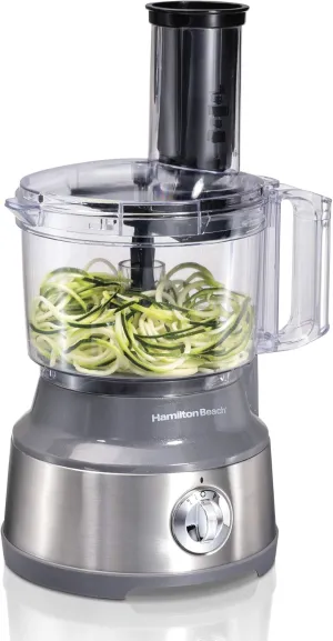 Hamilton Beach Food Processor & Vegetable Chopper for Slicing, Shredding, Mincing, and Puree, 10 Cups   Veggie Spiralizer makes Zoodles and Ribbons, Grey and Stainless Steel (70735)