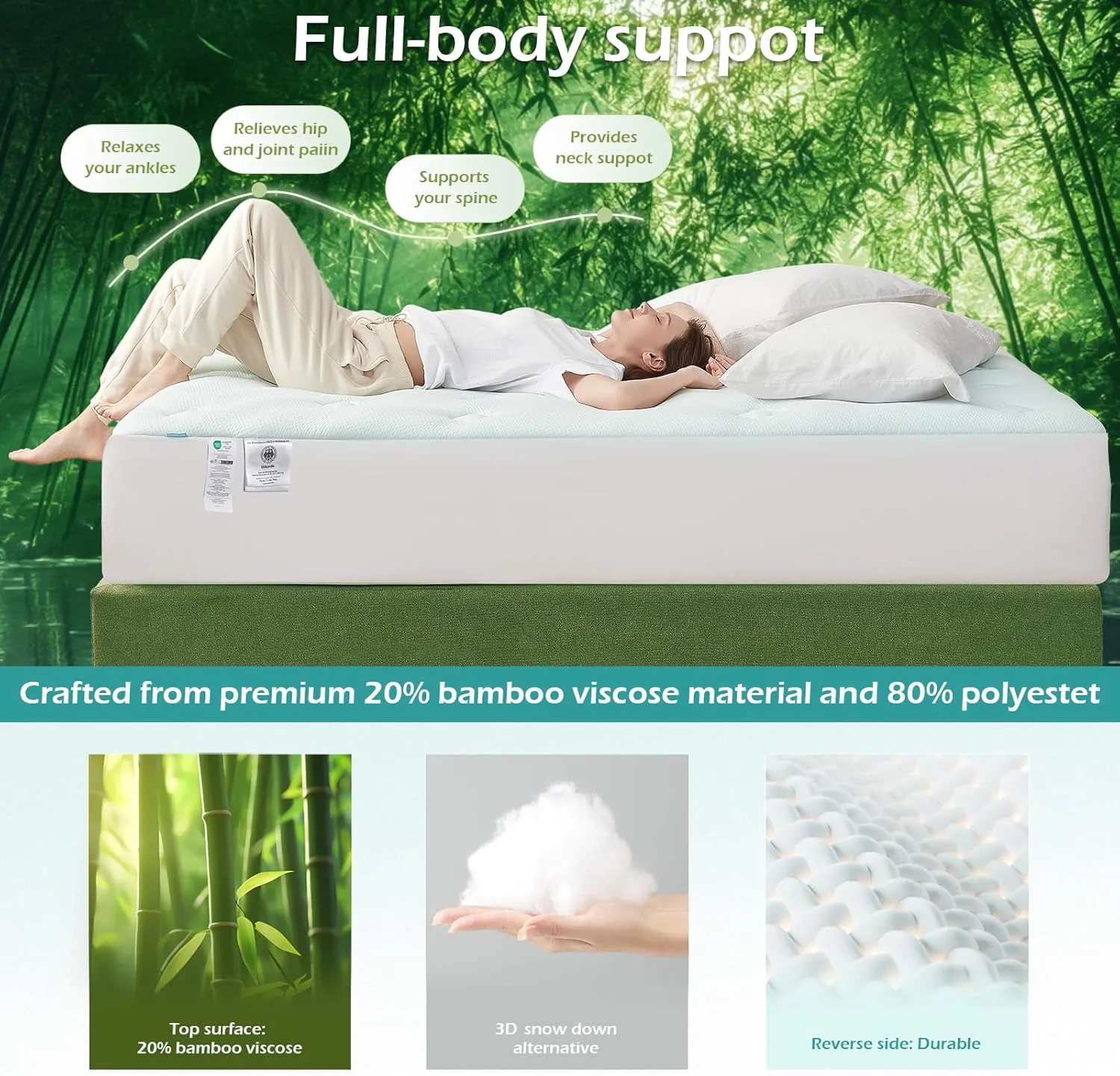Hansleep Memory Foam Mattress Topper Twin, Pillow Top Mattress Pad Twin Viscose Derived from Bamboo with Deep Pocket, Breathable Mattress Topper for Back Pain Relief, 39" x 75", White