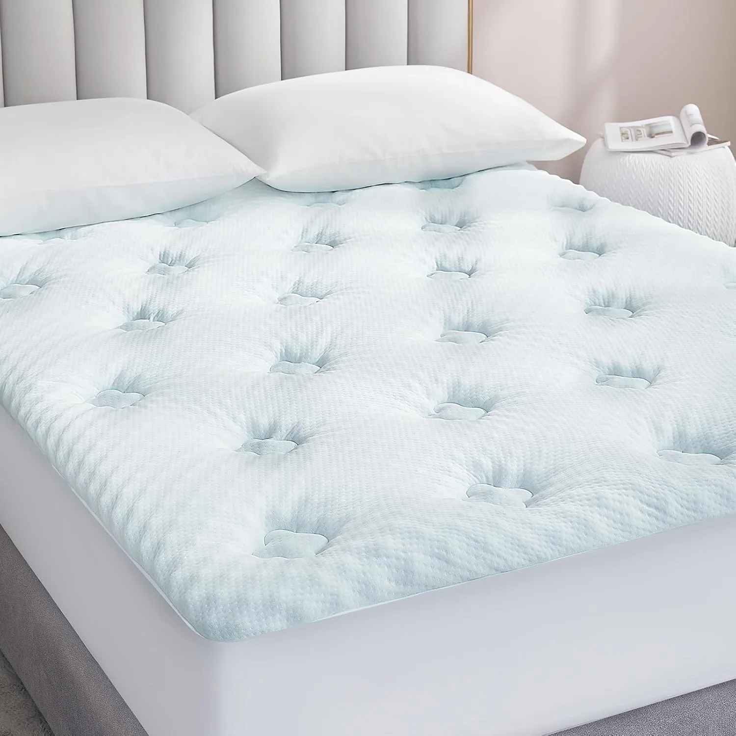 Hansleep Queen Mattress Topper Viscose Derived from Bamboo, Memory Foam Pillow Top Mattress Topper Queen with Deep Pocket, Breathable Mattress Pad for Back Pain Relief, 60" x80", White