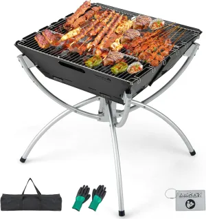 HAPPYGRILL 3-in-1 Foldable Fire Pit With Grill for Outside, Collapsible Wood Burning Camping Fire Pit for BBQ Bonfire Outdoor Cooking