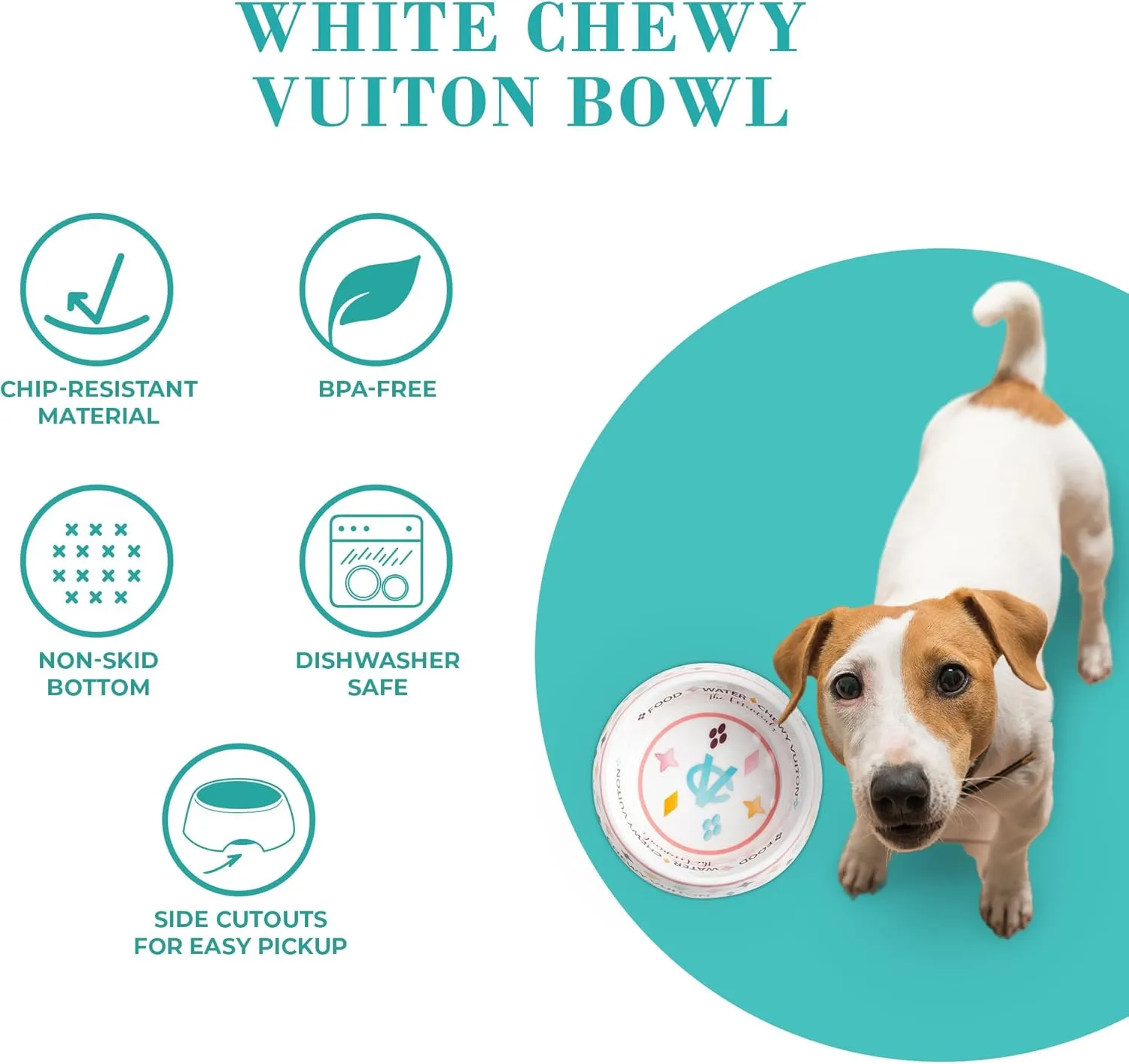 Haute Diggity Dog White Chewy Vuiton Dog Bowl, BPA-Free Food & Water Bowl for All Breeds, Non-Skid Bottom, Dishwasher Safe, Size Small, Case of 2.