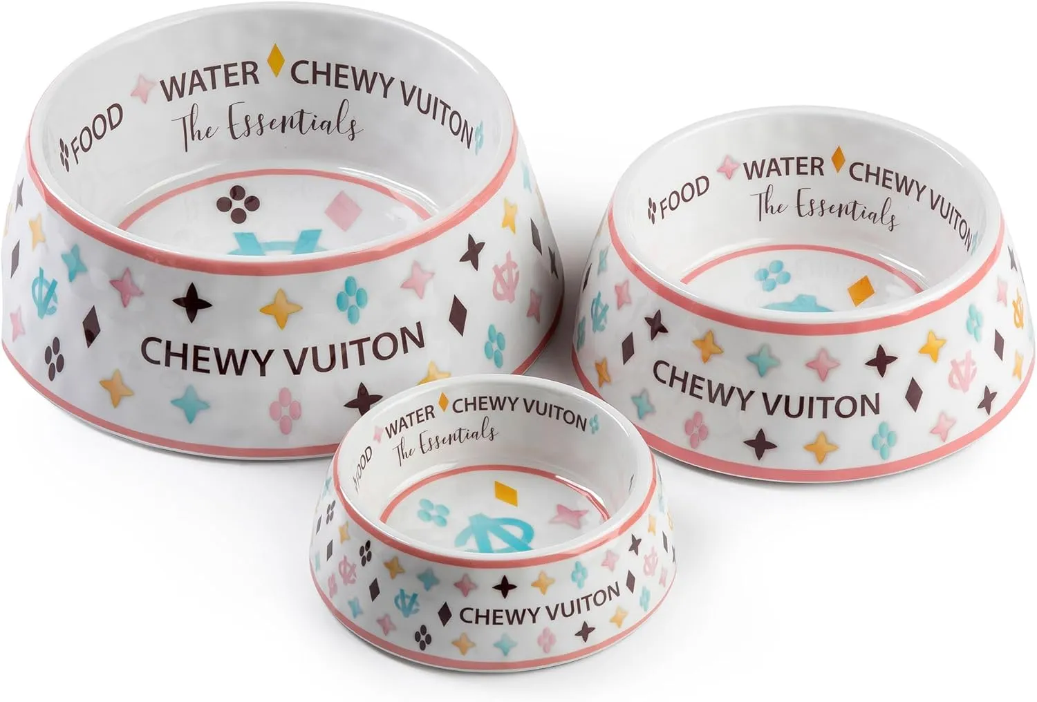 Haute Diggity Dog White Chewy Vuiton Dog Bowl, BPA-Free Food & Water Bowl for All Breeds, Non-Skid Bottom, Dishwasher Safe, Size Small, Case of 2.