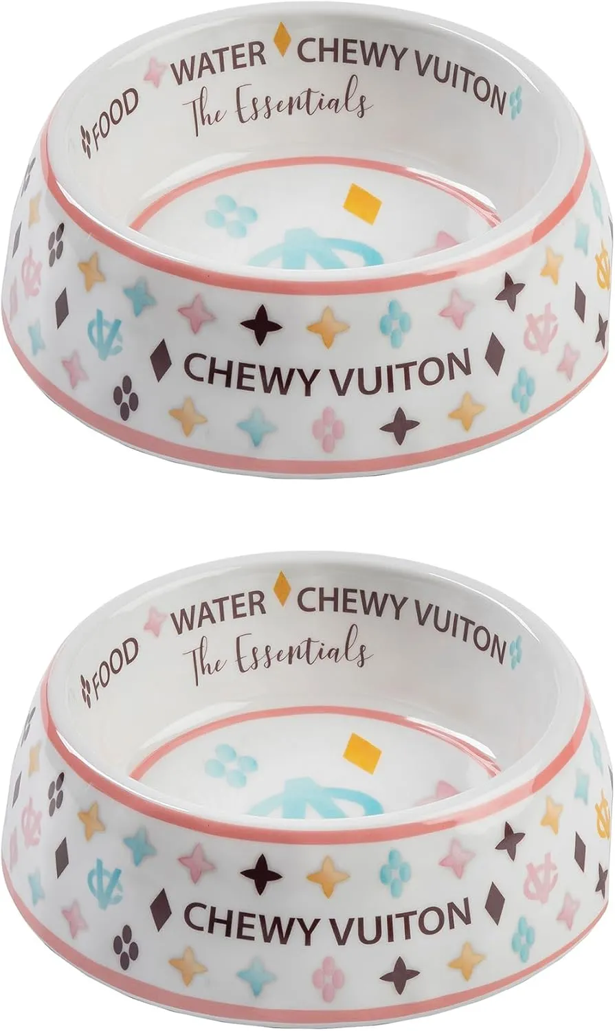 Haute Diggity Dog White Chewy Vuiton Dog Bowl, BPA-Free Food & Water Bowl for All Breeds, Non-Skid Bottom, Dishwasher Safe, Size Small, Case of 2.