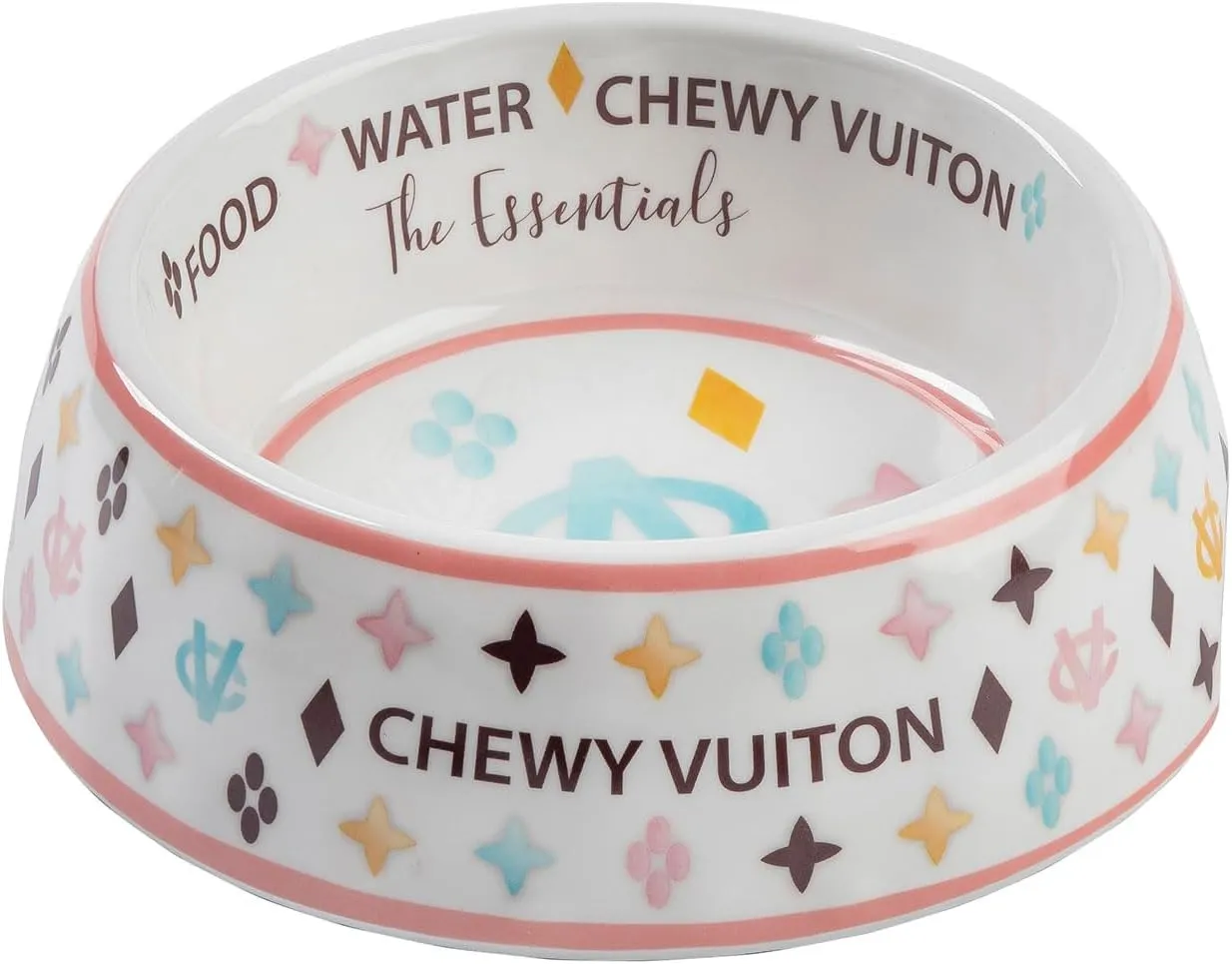 Haute Diggity Dog White Chewy Vuiton Dog Bowl, BPA-Free Food & Water Bowl for All Breeds, Non-Skid Bottom, Dishwasher Safe, Size Small, Case of 2.