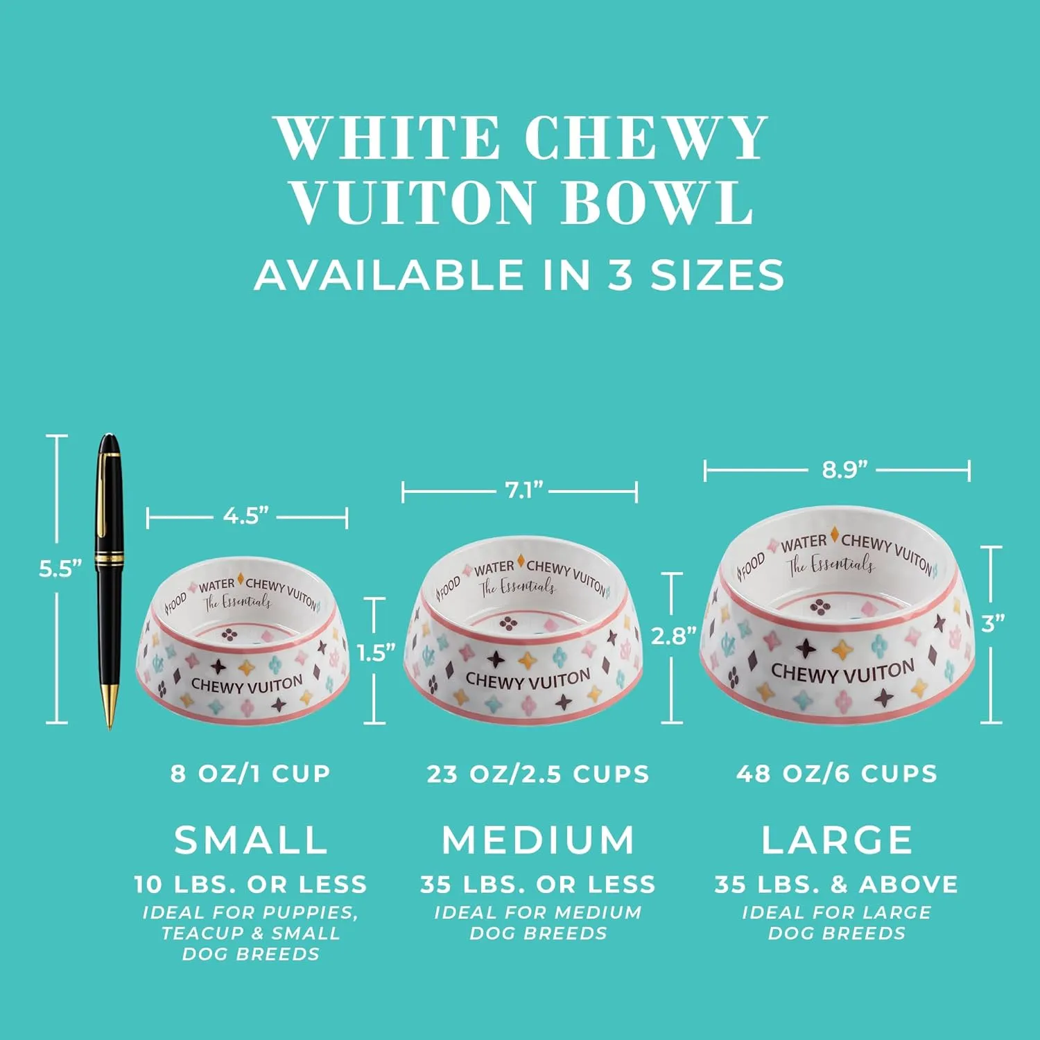 Haute Diggity Dog White Chewy Vuiton Dog Bowl, BPA-Free Food & Water Bowl for All Breeds, Non-Skid Bottom, Dishwasher Safe, Size Small, Case of 2.